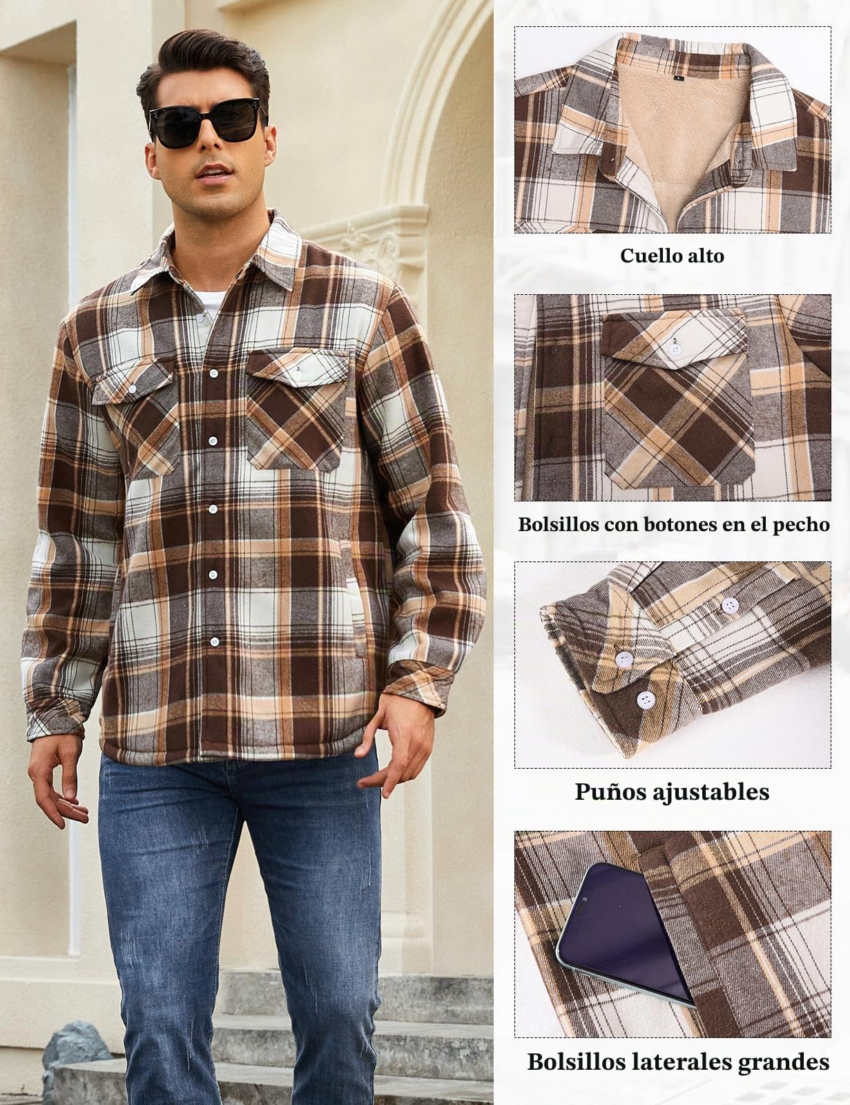 Svanco Chaquetas Hombre Térmica Chaqueta Camisa De Franela Forro Polar A Cuadros Suave Sherpa Forro Leñador Espeso Abrigo Con Bolsillos Casual Invierno Caliente Chaquetas De Trabajo M-XXL