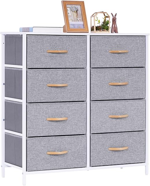 LYNCOHOME Chest of Drawers, Fabric Storage Drawers Easy to Assemble, 8 Drawers Wide Storage Dresser for bedroom, Living room, Kids room, Closet (Snow gray)