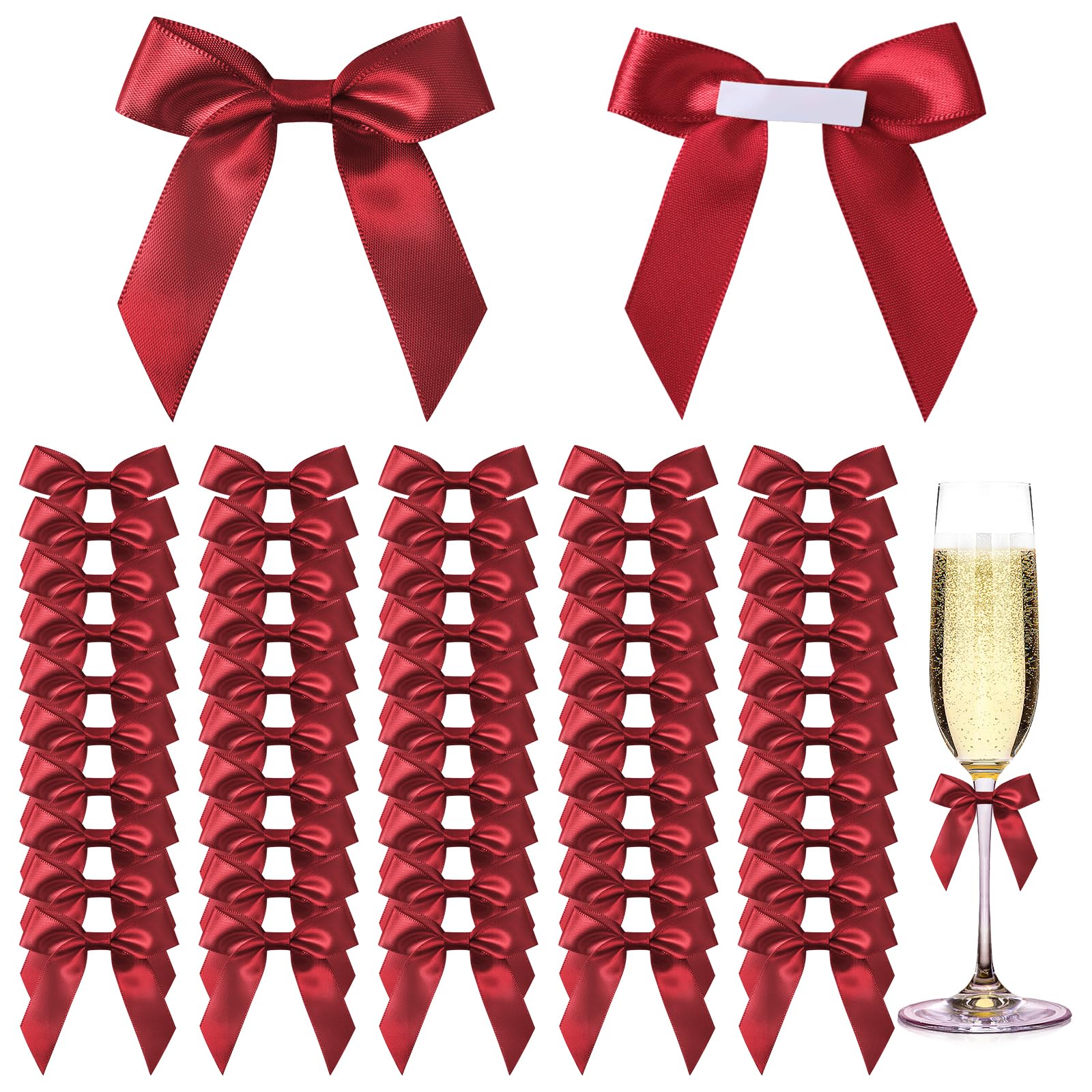 AOOSA 50 Pcs Self Adhesive Bows, 6cm Satin Ribbon Mini Bows, WineRed Ribbon Bow with Sticky Backs for Gift Wrapping, Bow Decorations for Craft DIY Sewing Wedding Birthday Party Bakery Candy Bags
