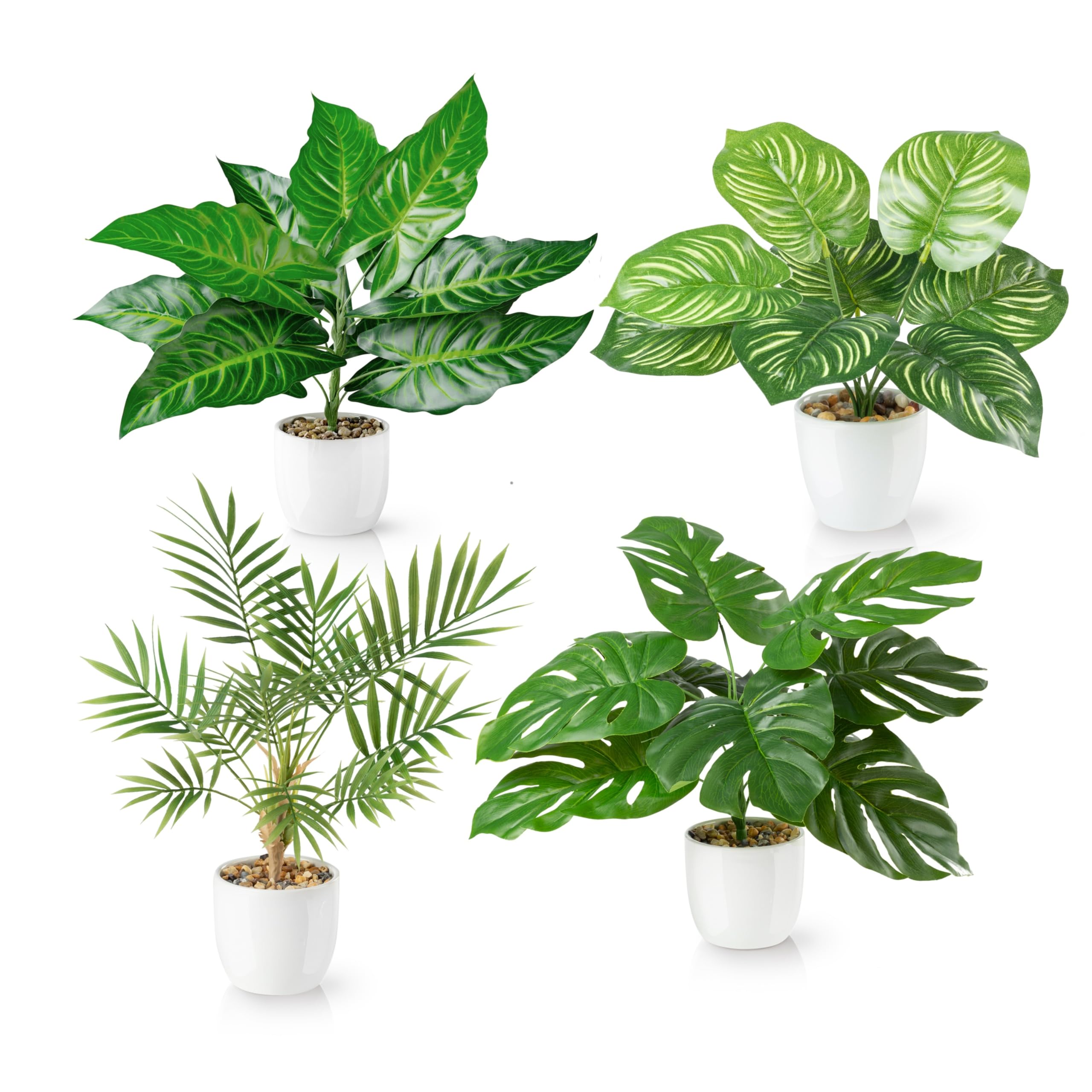 PASCH® Set di 4 piante artificiali tropicali come reali (35 cm) in vasi di ceramica bianchi: tra cui Monstera artificiale e Areca palma artificiale | piante artificiali in vaso | Fake Plant | fiori