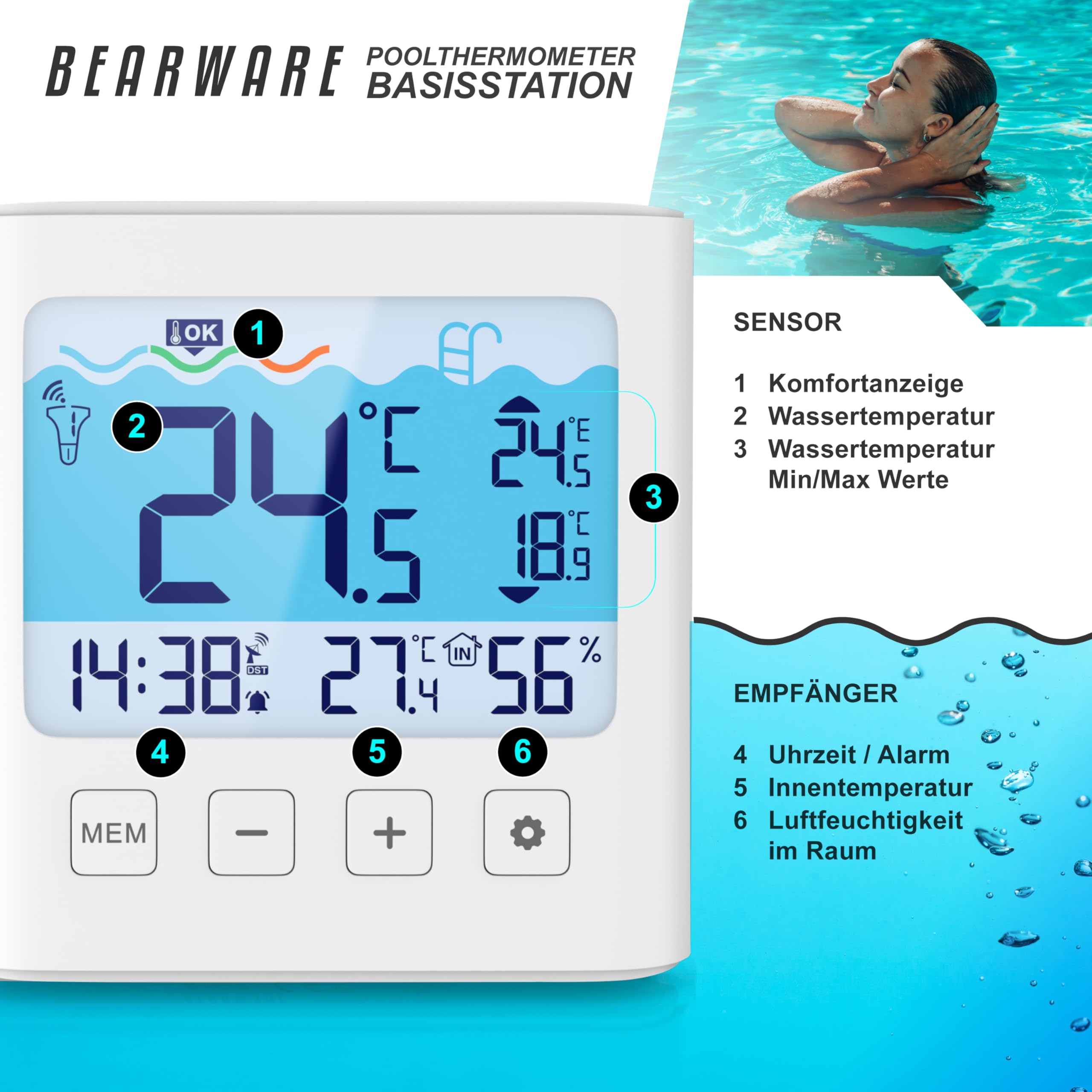 CSL – Funk Poolthermometer mit Display – Solar - Temperaturanzeige – Luftfeuchtigkeit – Innen- & Außentemperatur - Pool Schwimmbecken Schwimmbad Whirlpool - Pool Thermometer