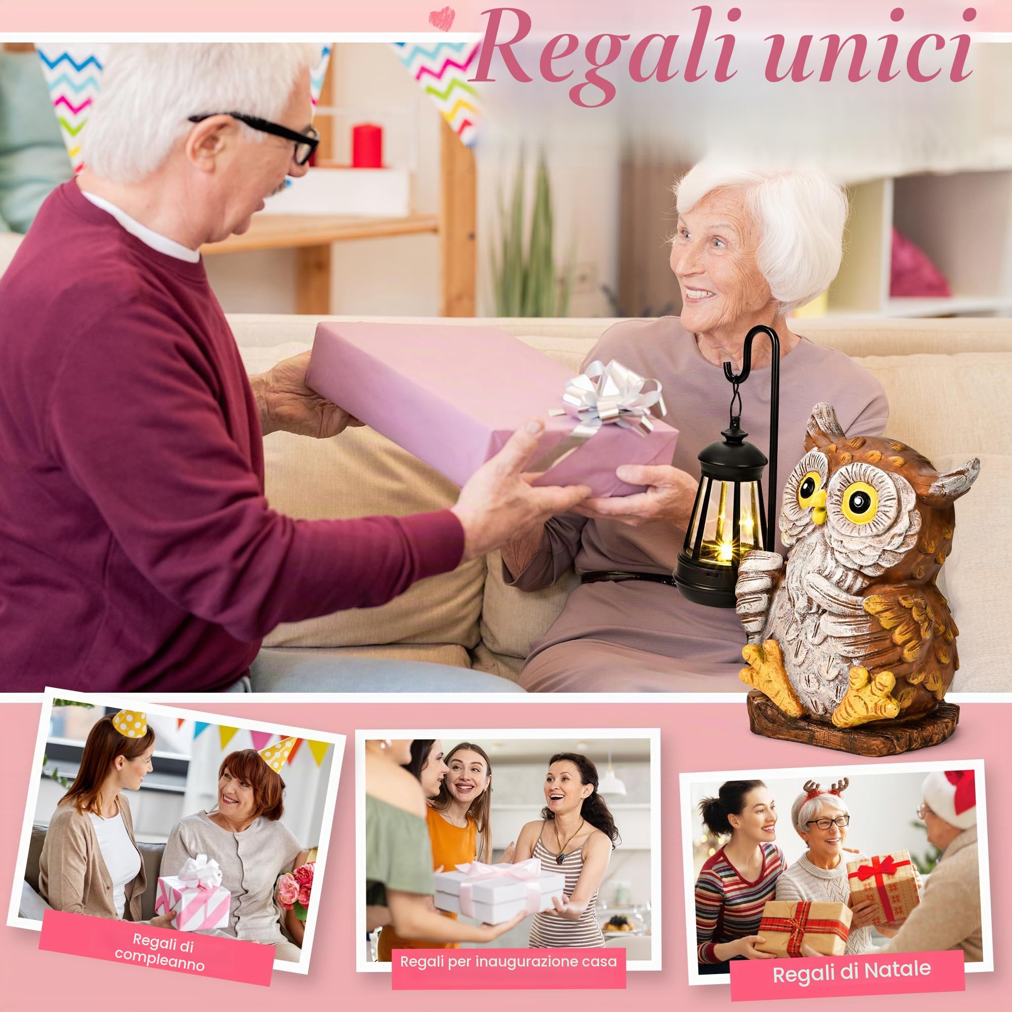 GIGALUMI Statue solari da giardino a forma di gufo luci per esterni, cortile, decorazione da giardino Regali unici per la mamma, regali di compleanno per le donne, decorazione per patio