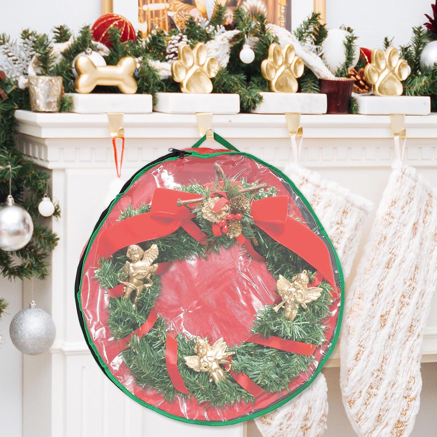 Christmas Wreath Storage Bag with Window Waterproof Pet PVC | Red Holiday Party Decor, High Durability, Festival Wreath Storage