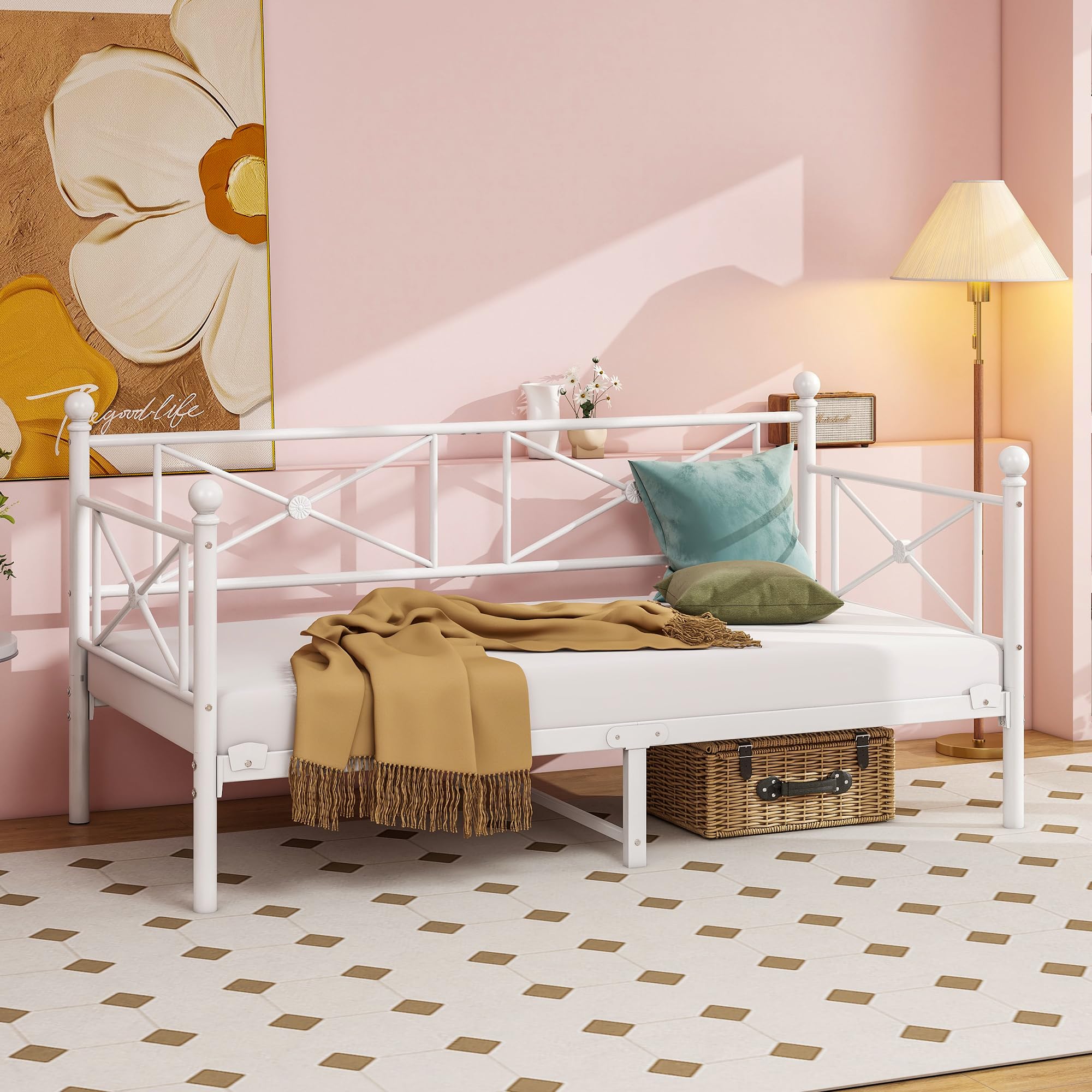 MUZERUL Tagesbett Metallbett 90x200 cm, Einzel Bettsofa mit Kopfteil & Lattenrost, Jugendbett Schweres Metall-Lattenrost zur Matratzenunterstützung, Tagesbett für Wohnzimmer & Schlafzimmer, Weiß