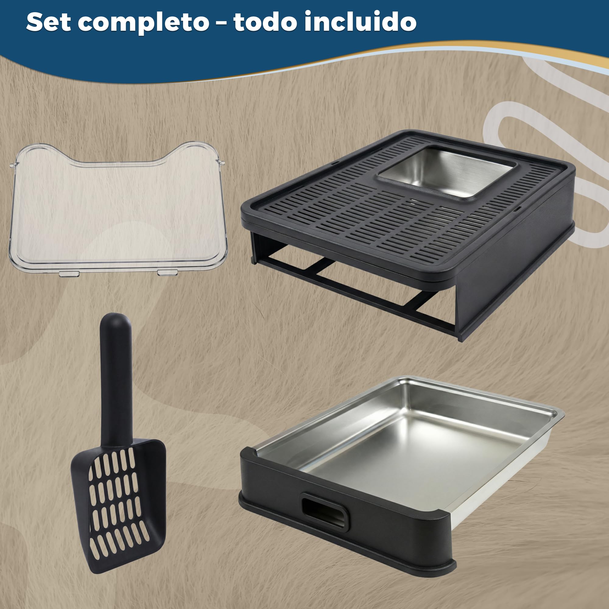 Arenero Gato Acero Inoxidable Cubierto – Caja Arena con Bandeja Extraíble – Antiolores, antifugas, fácil de Limpiar – Arenero para Gatos con Doble Entrada – con Pala – (38,3×51×41 cm) - Negro
