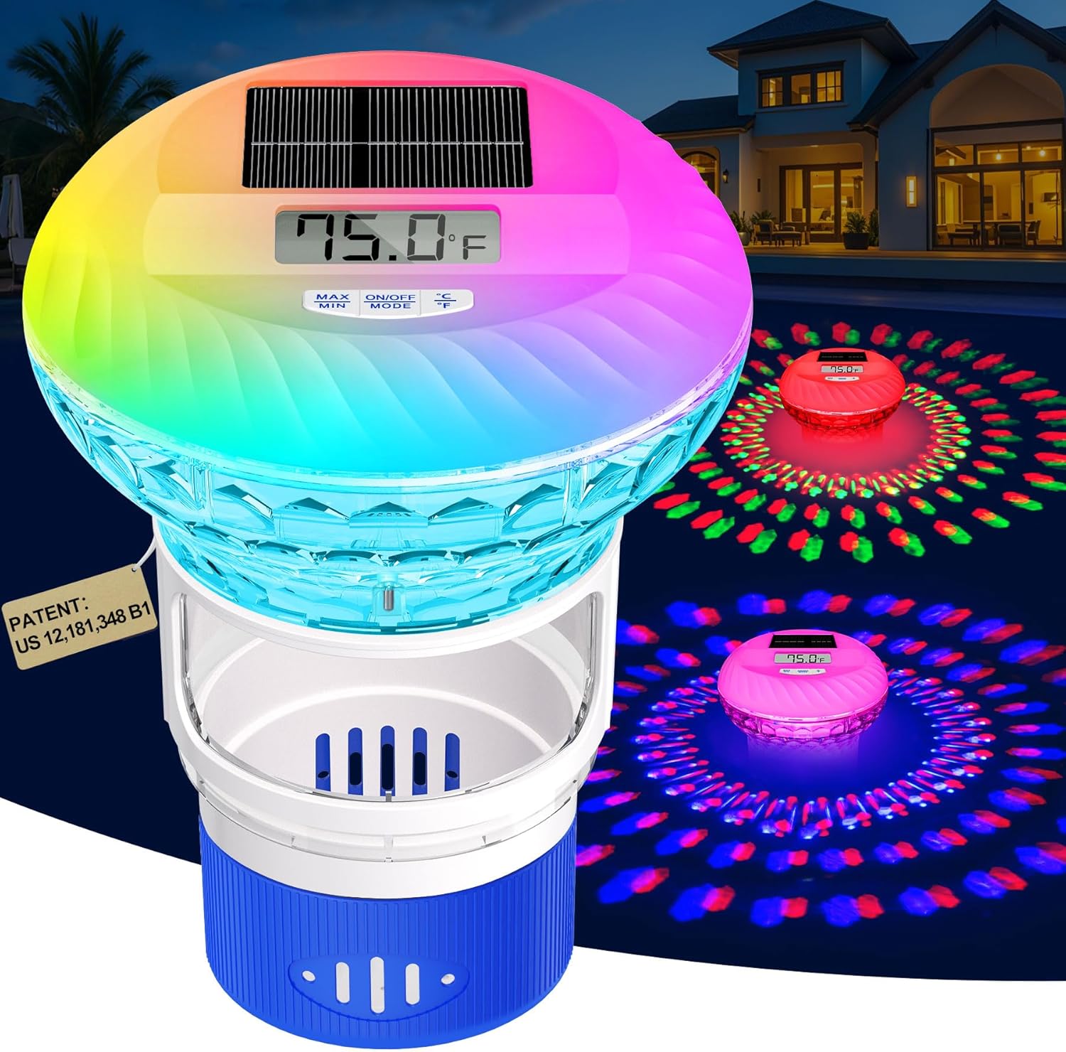 FineBud2025 Upgrade Pool Chlorine Floater with Thermometer,Digital Screen Floating Chlorine Dispenser for Pool,Solar pool Chlorines floater with Light,Button Control chlorine floaters with Thermometer