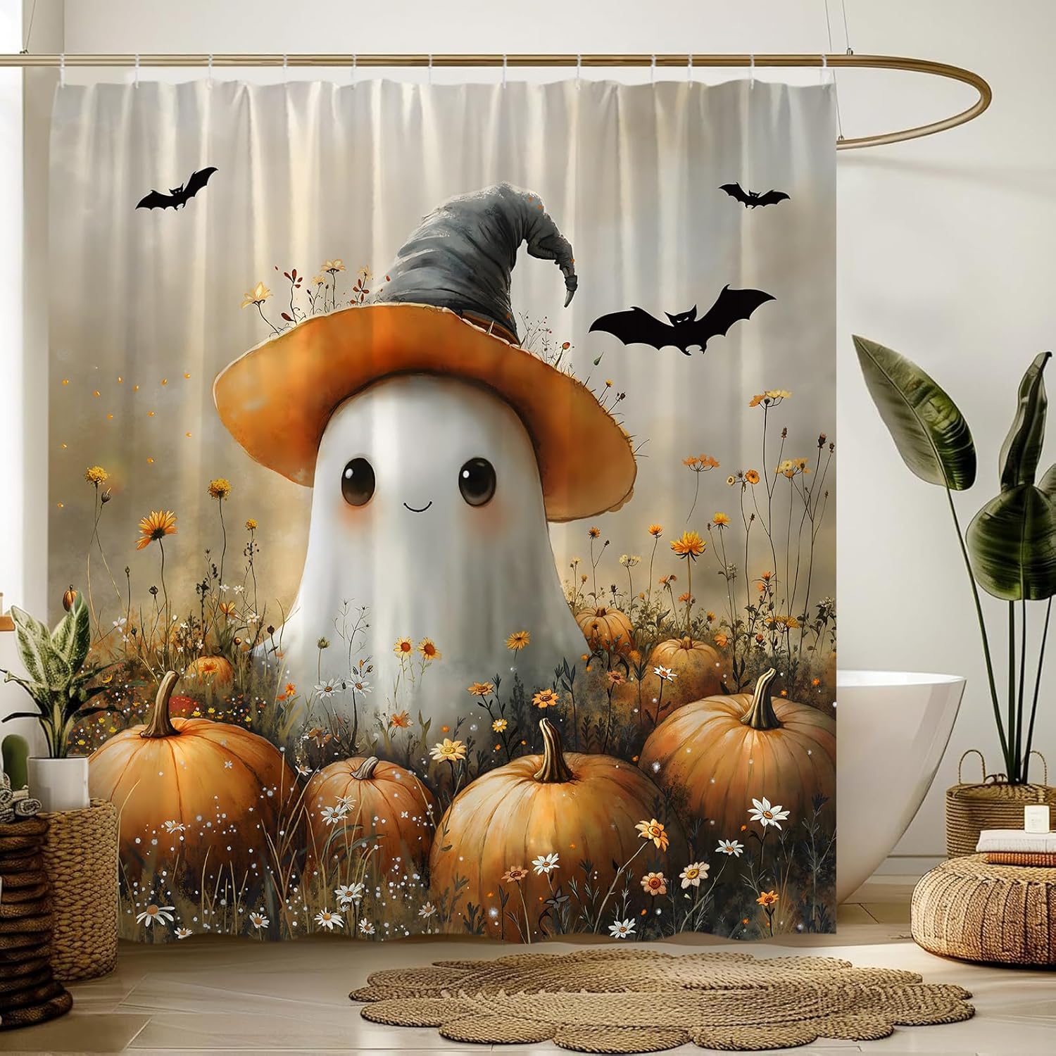 Ghost Pumpkin Extra Long Shower Curtain,Halloween Spooky Decor for Bathroom,Floral Autumn Festival Fall Cute Orange Fabric Curtain with Hooks,70x78 Inch