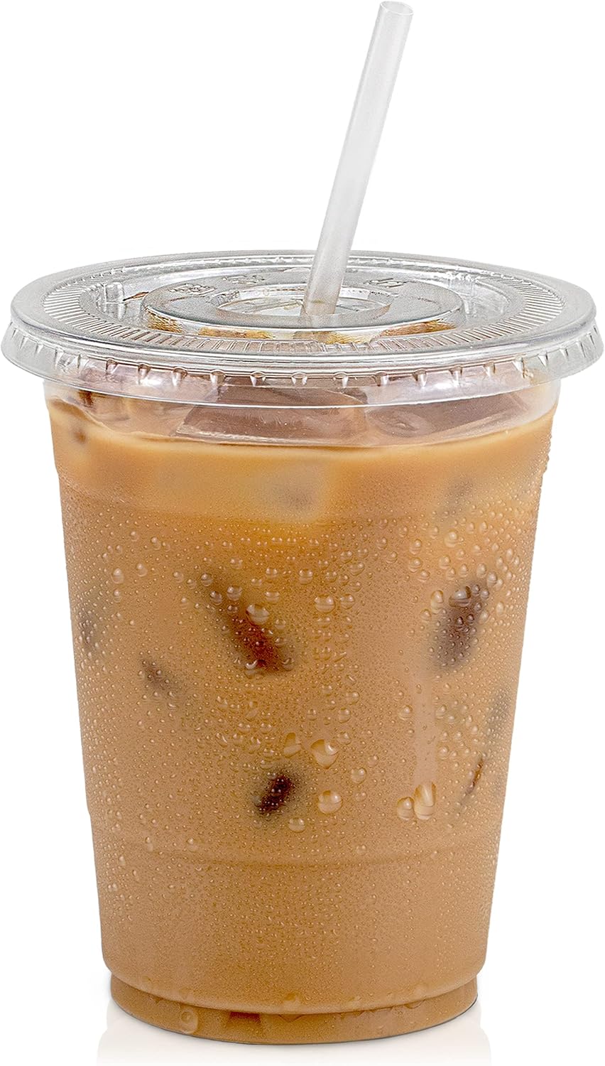 [50 Pack] 16 oz BPA Free Clear Plastic Cups With Flat Slotted Lids for Iced Cold Drinks Coffee Tea Smoothie Bubble Boba, Disposable, Medium Size