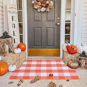 Fall Plaid Rug 28" x 43", Orange and White Buffalo Check Front Porch Outdoor Layered Doormat, Cotton Hand-Woven Washable Rug for Halloween Thanksgiving Autumn Decor