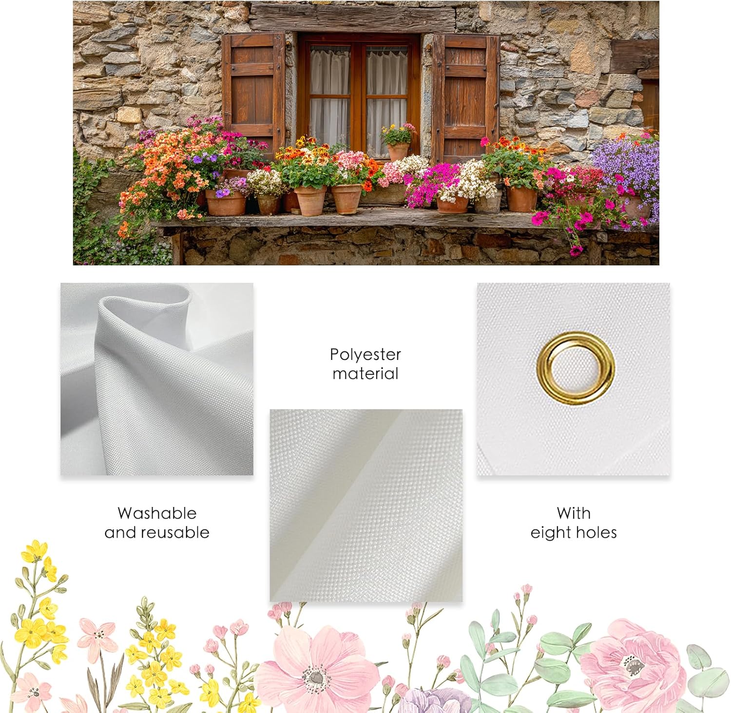 Nuxovilar Spring Garage Door Cover Stone House Window Colorful Flower Pot Decoration Polyester 157.48x70.87 Inches Spring Garage Door for Outdoor Garage Yard Home