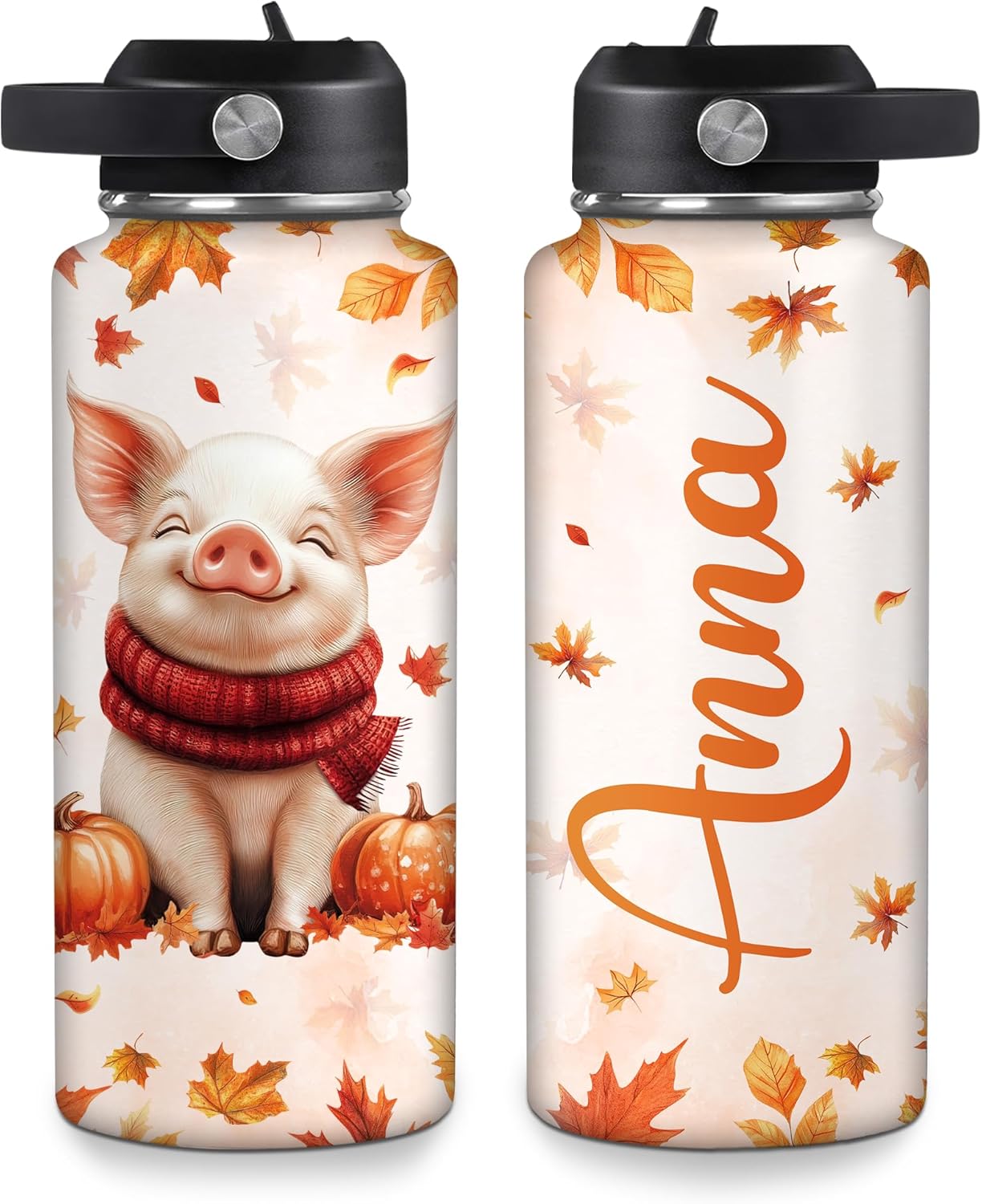 Hyturtle Personalized Fall Pig Water Bottle - Travel Insulated Stainless Steel Bottle with Leak-Proof Lid 18 oz 32 oz - Cute Pig Gifts For Women Her - Autumn Gifts For Adults Pet Lover