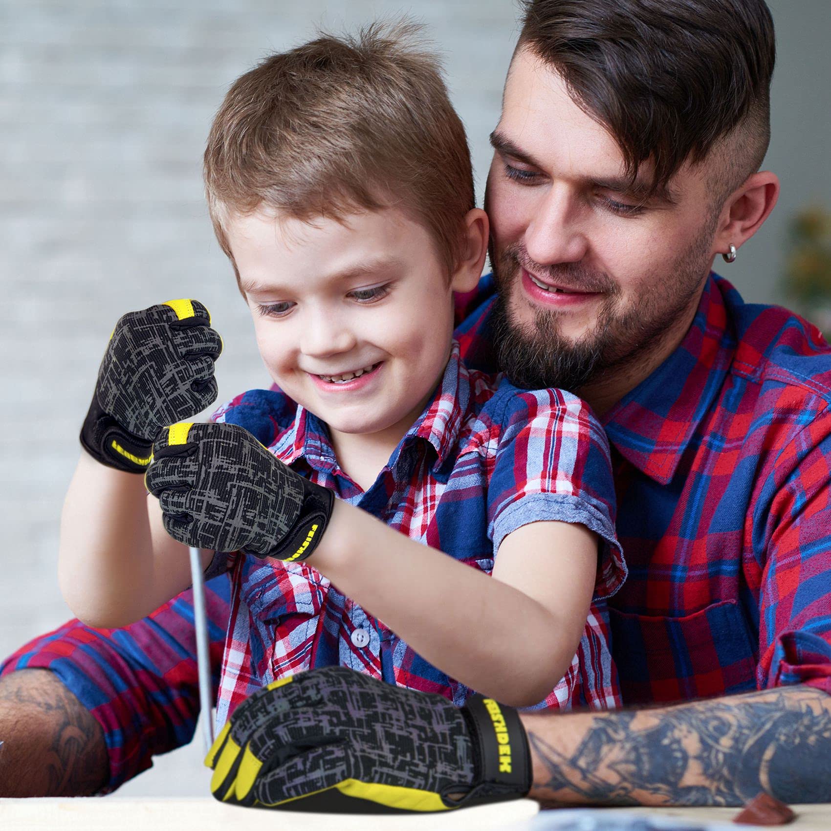 Gants de travail en cuir véritable pour enfants, gants de sécurité, écran tactile, design réfléchissant, respirant, pour enfants de 3 à 12 ans (L, noir)