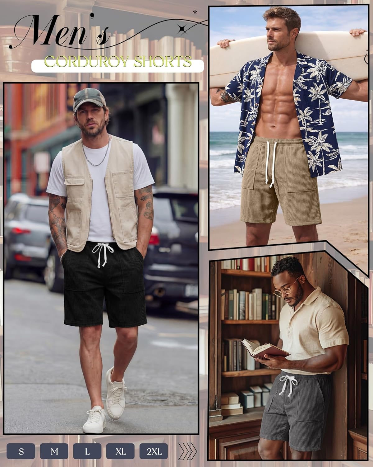3 Pack Men's Shorts 7 Inch Corduroy Baggy Sweatshorts Casual Loose Elastic Drawstring Pocket Lightweight Shorts - Image 4