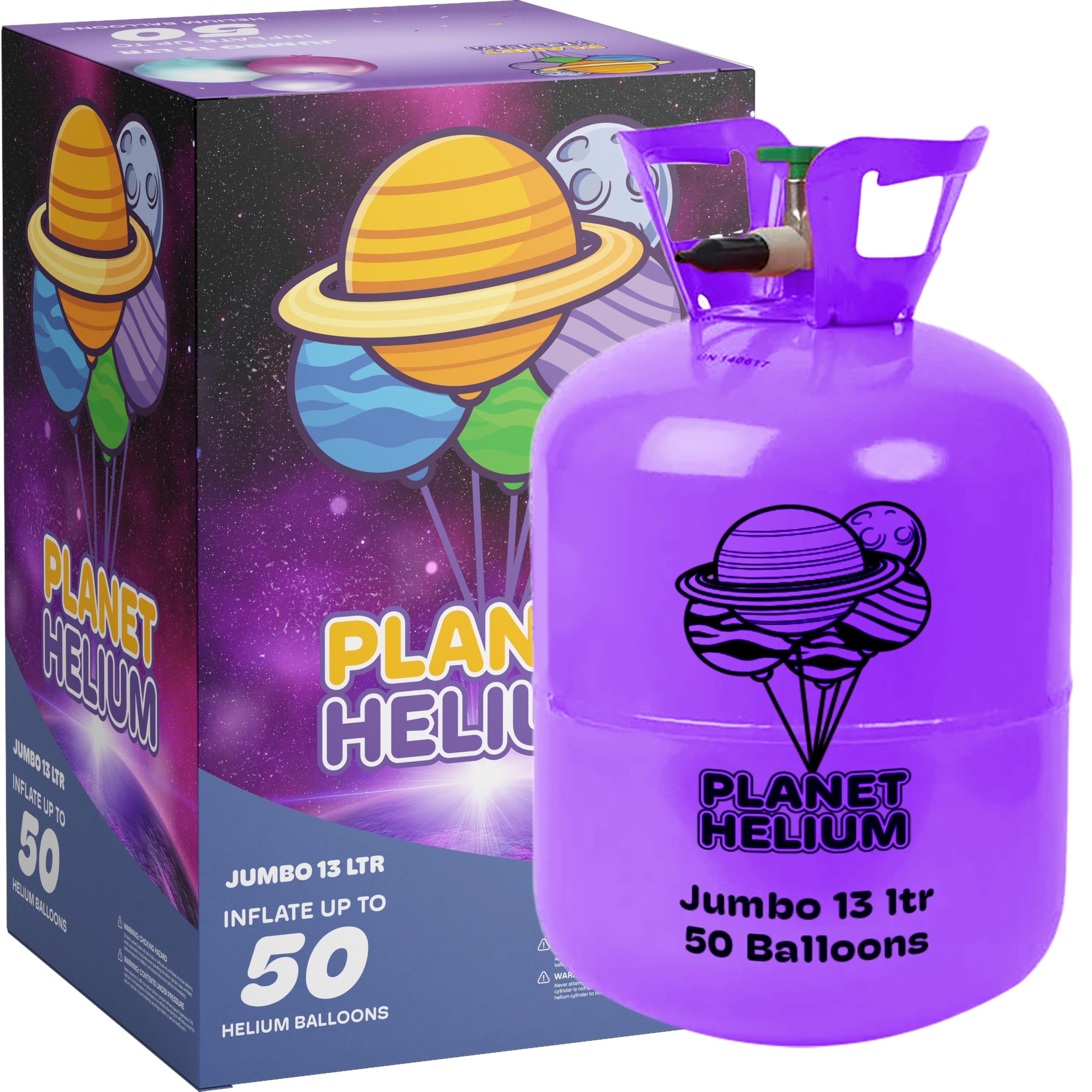 Planet Helium Balloon Canister (13L for 50 Balloons) - 99.9% Pure Helium Gas Compatible with Standard 9" Balloons for Parties, Weddings, Birthdays