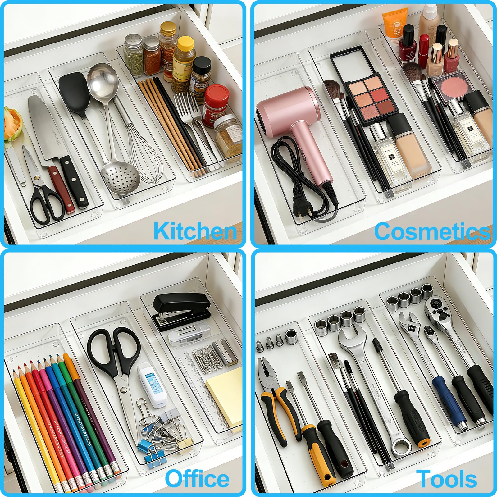 Manalete 8 vassoi portaoggetti extra large per cassetti, 38,1 x 15,2 cm, contenitori multiuso in plastica trasparente per vanità, trucco, utensili da cucina, bagno, scrivania da ufficio, utensili da