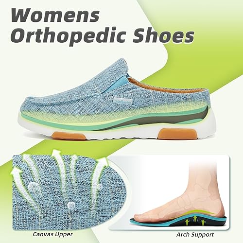 Vista 2 de OrthoComfoot Women's Orthopedic Slip-On Loafers Walking Shoes: Comfortable Arch Support Slippers for Plantar Fasciitis, Casual Canvas Orthotic Mule