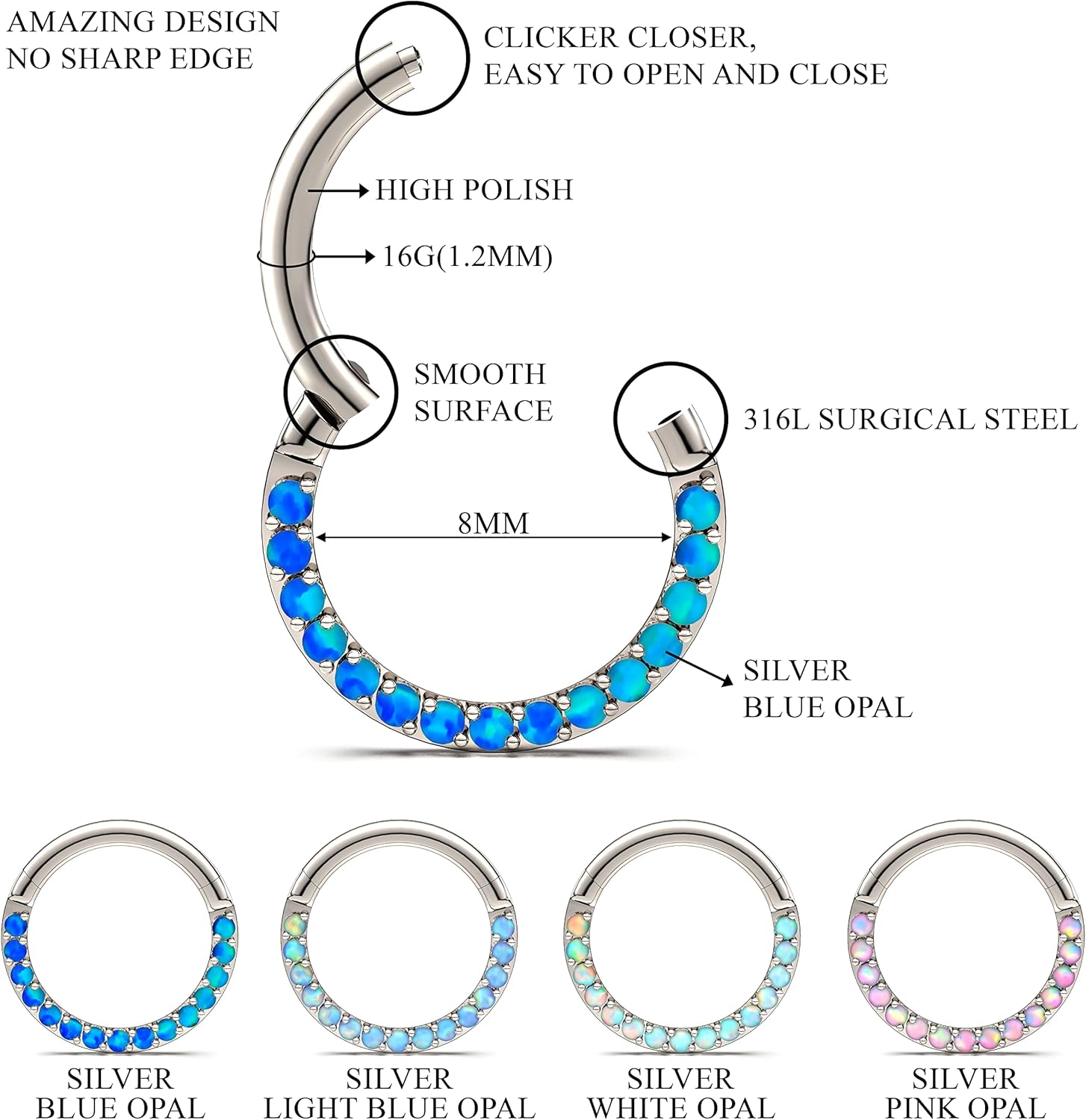 AVNIS Nose Piercing Ring Hoop – Premium Stainless Steel Hinged Nose Ring Hoop – 18G Opal Stone Septum Ring – Stylish Tragus Earrings for Women – Versatile Nose Piercing Jewelry