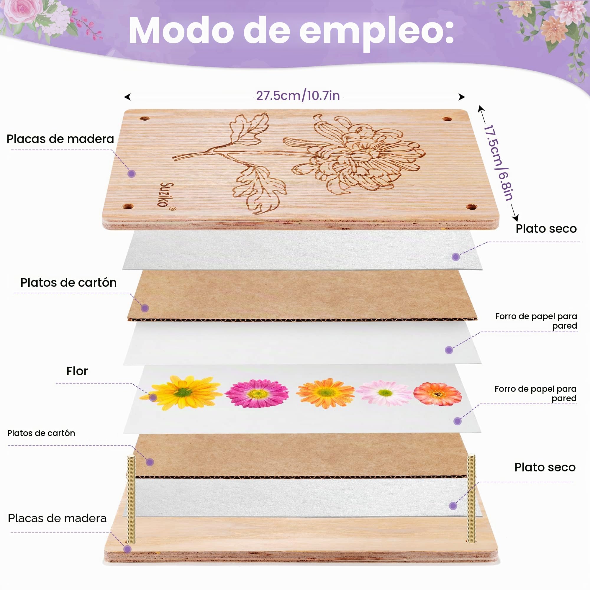 Suziko Gran Kit de Prensa de Flores para Adultos y Niños - Mide 27.5 x 17.8 cm, Ideal para Artesanía y Manualidades para Adultos, Prensa de Hojas y Flores - Un Fantástico Regalo para los Amantes