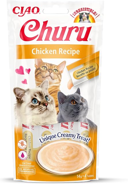 Ciao Churu Sticks by INABA Cat Treat - Chicken Flavour (4 x 14g) / Soft & Creamy Cat Treat, Delicious & Healthy Snack, Likable Stick, Hand Feeding, Natural, Grain Free, High in Moisture