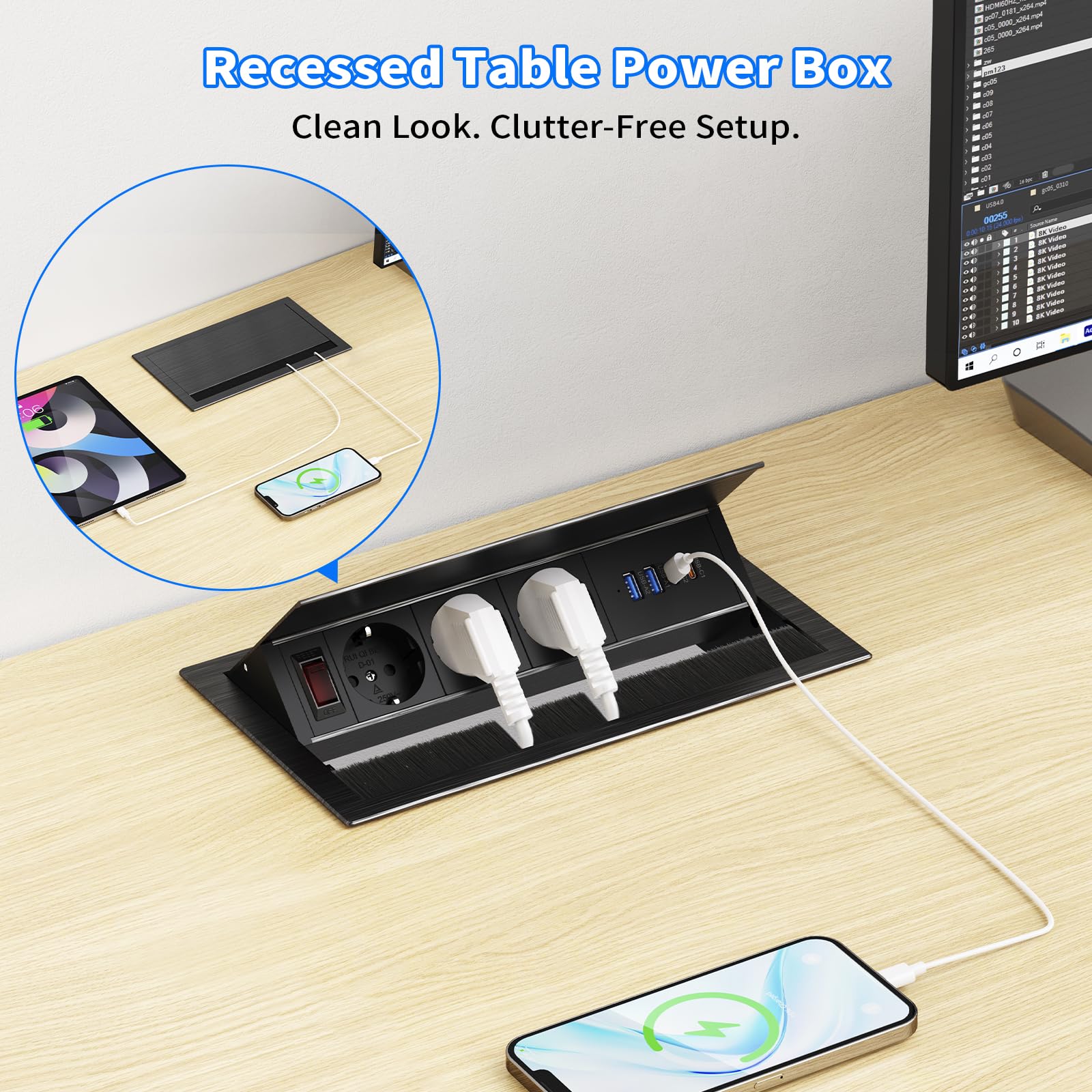 Versenkbare Steckdose mit USB-C PD 30W, 3-Fach, Aluminium, Schwarz | 4 USB-Ports, 2x USB-A QC 18W, Verstellbarer Winkel, Kabelführung, 1,8 m Kabel, Schreibtisch & Küche