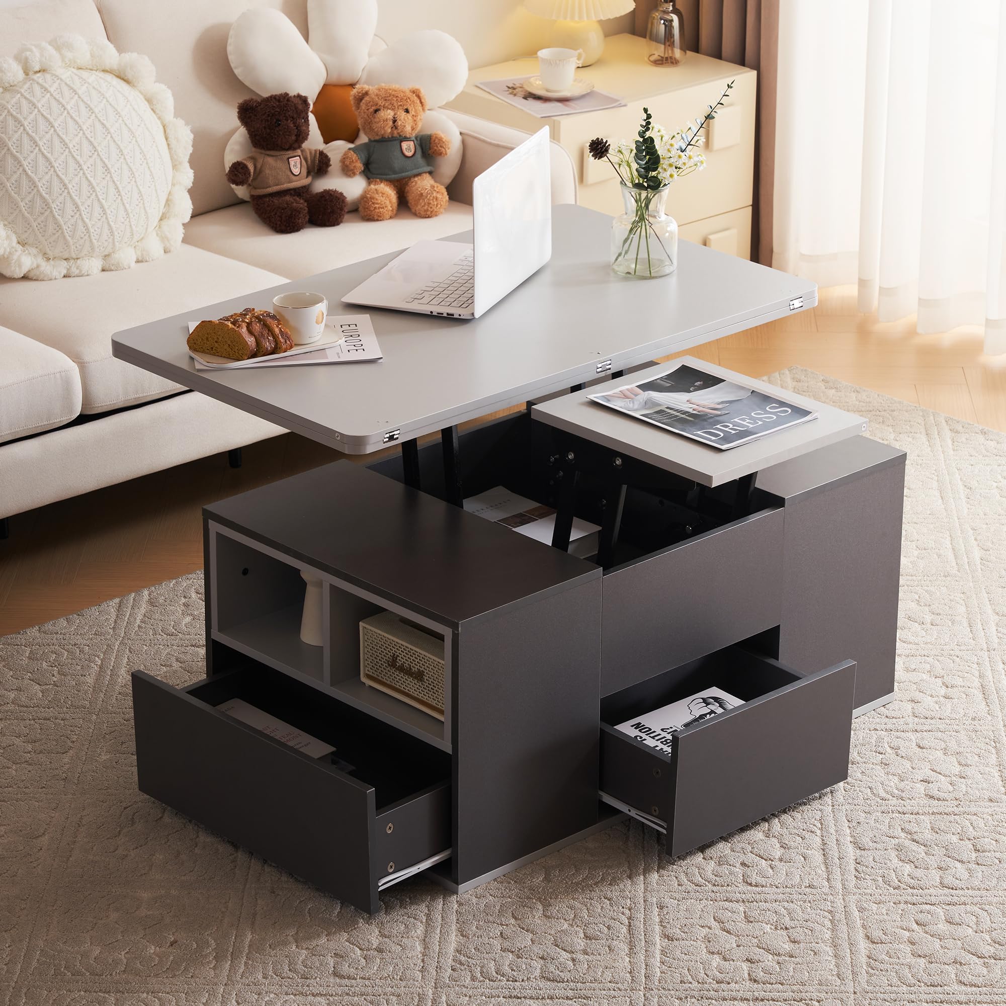 Mesa de centro multifunción elevable - La mesa se abre a 2 mesas, gris oscuro + gris claro, gran capacidad, muebles modernos de salón, mesa auxiliar de oficina, mesa auxiliar multifunción