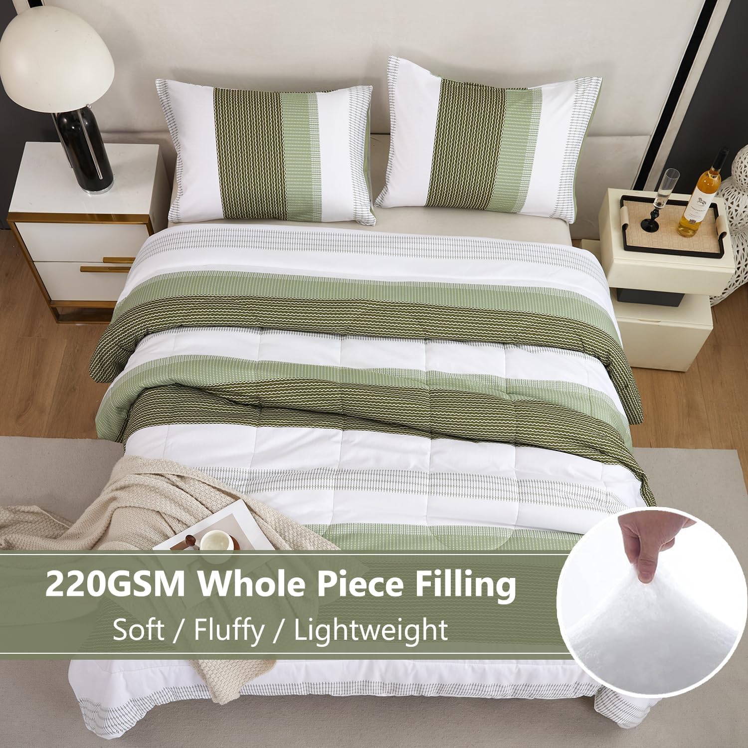 PERFEMET Queen Comforter Set 3 Pieces Bedding Set All Seasons Masculine Striped Pattern Vintage Farmhouse Soft Cozy Bedroom for Elegant Men Teen Girls Boys Green and White - Image 2