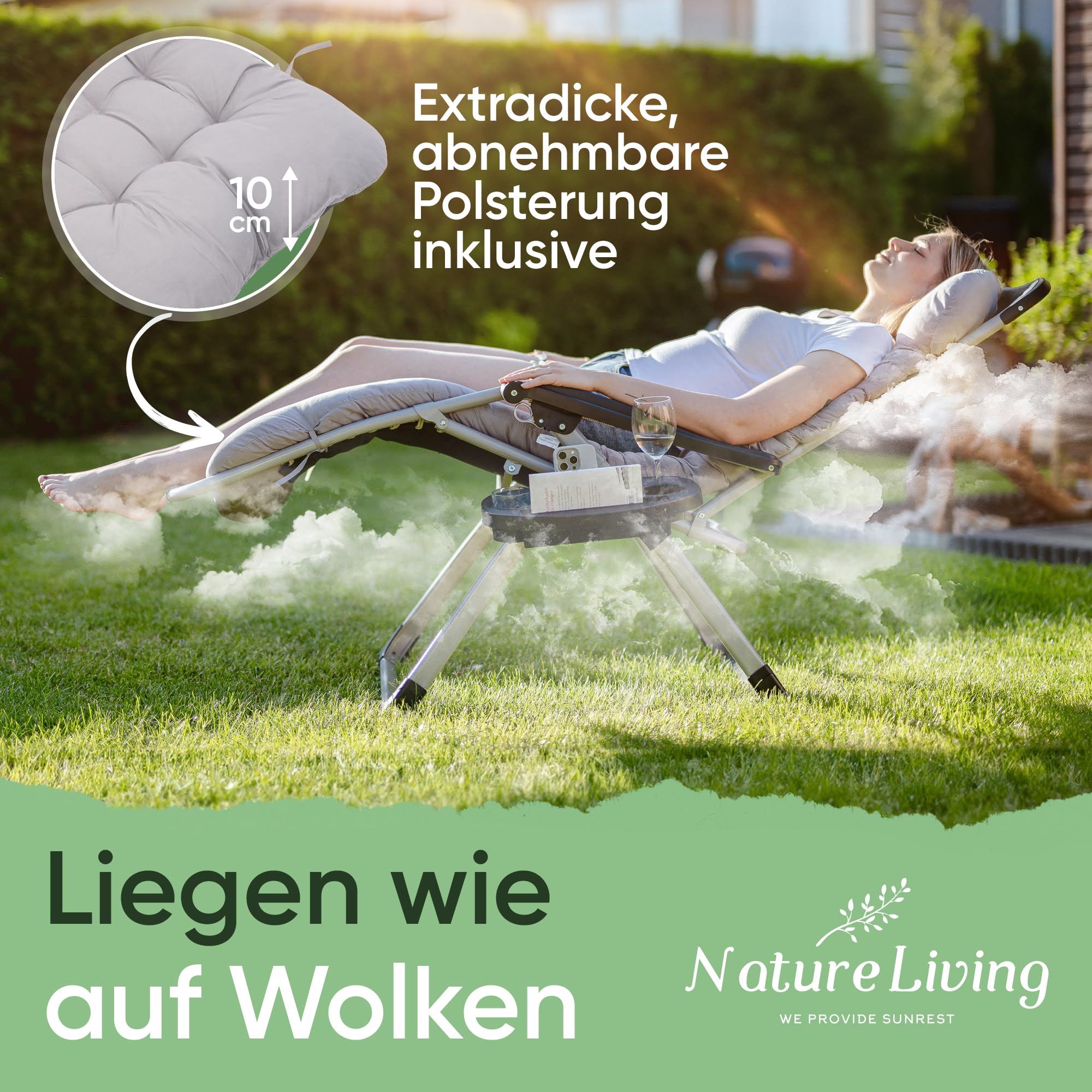 NatureLiving® Sonnenliege Liegestuhl klappbar- Robust, Faltbar & Wetterfest - Gartenliege mit Fußpolster für Garten und Balkon, Klappliege, Balkonliege, Outdoor Liege, Relaxliege, Belastbar 200kg