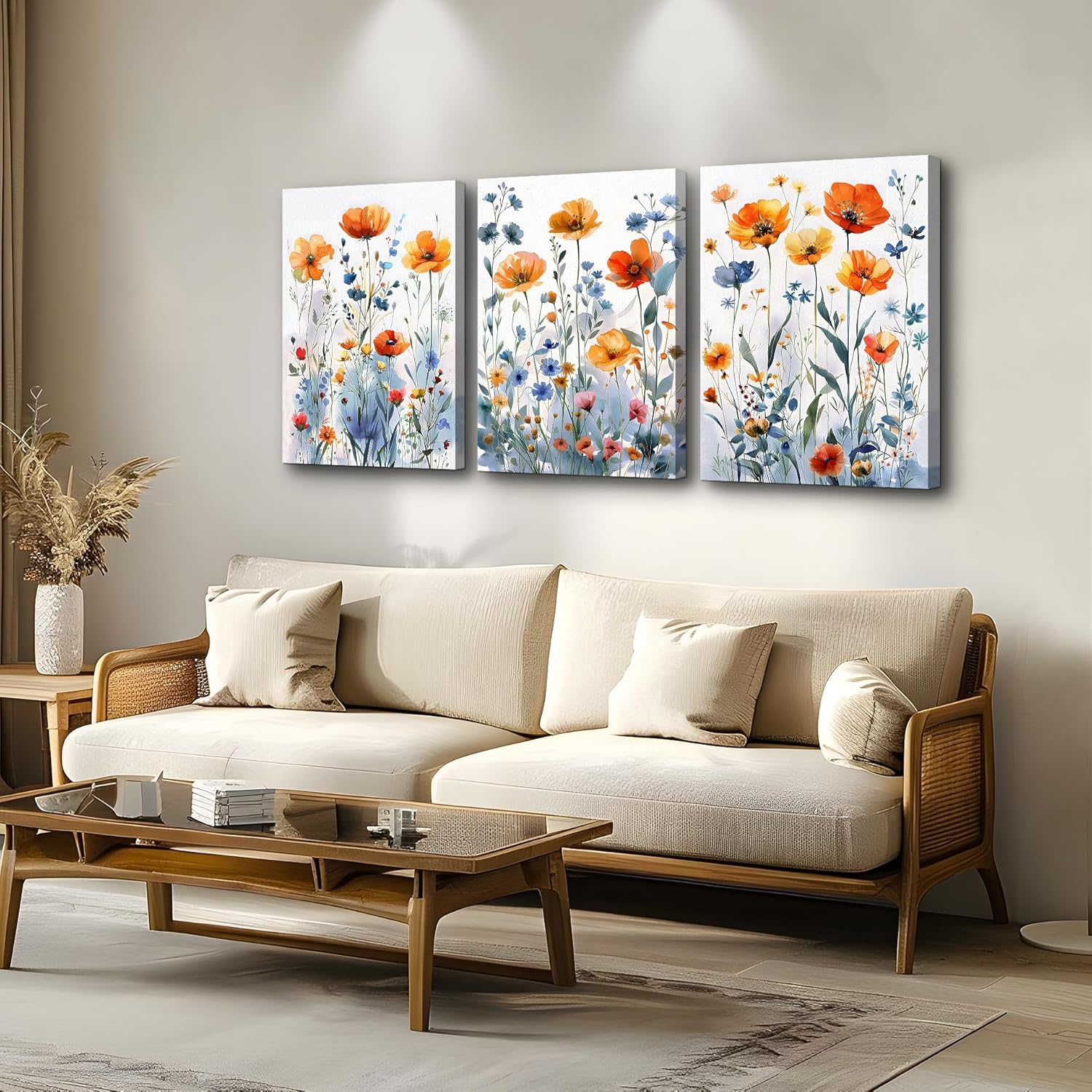 TTHYUEWS Large Canvas Wall Decor for Living Room Boho Wall Art for Bedroom Kitchen Family Room Wall Pictures Artwork Flowers Watercolour Paintings Modern Home Decor 3 Pieces 20x28inches*3pcs Flowers Pictures
