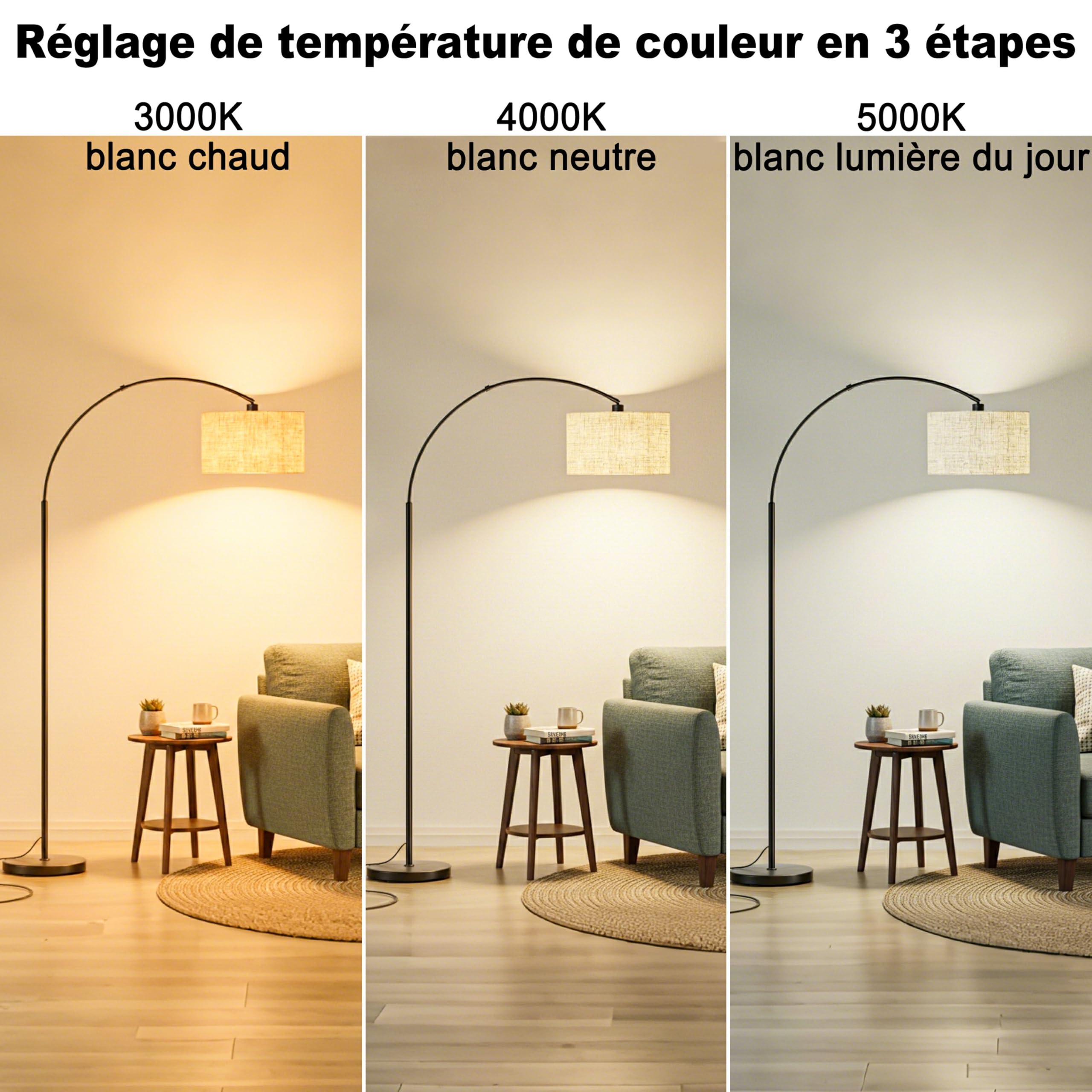 Moderne Bogen-Stehlampe für Wohnzimmer, 3-stufige Farbtemperatur (3000K/4500K/6000K) per Fußschalter, 180 cm höhenverstellbare Bogen-Leselampe mit E27 LED-Lampe für Schlafzimmer, Büro, Beige