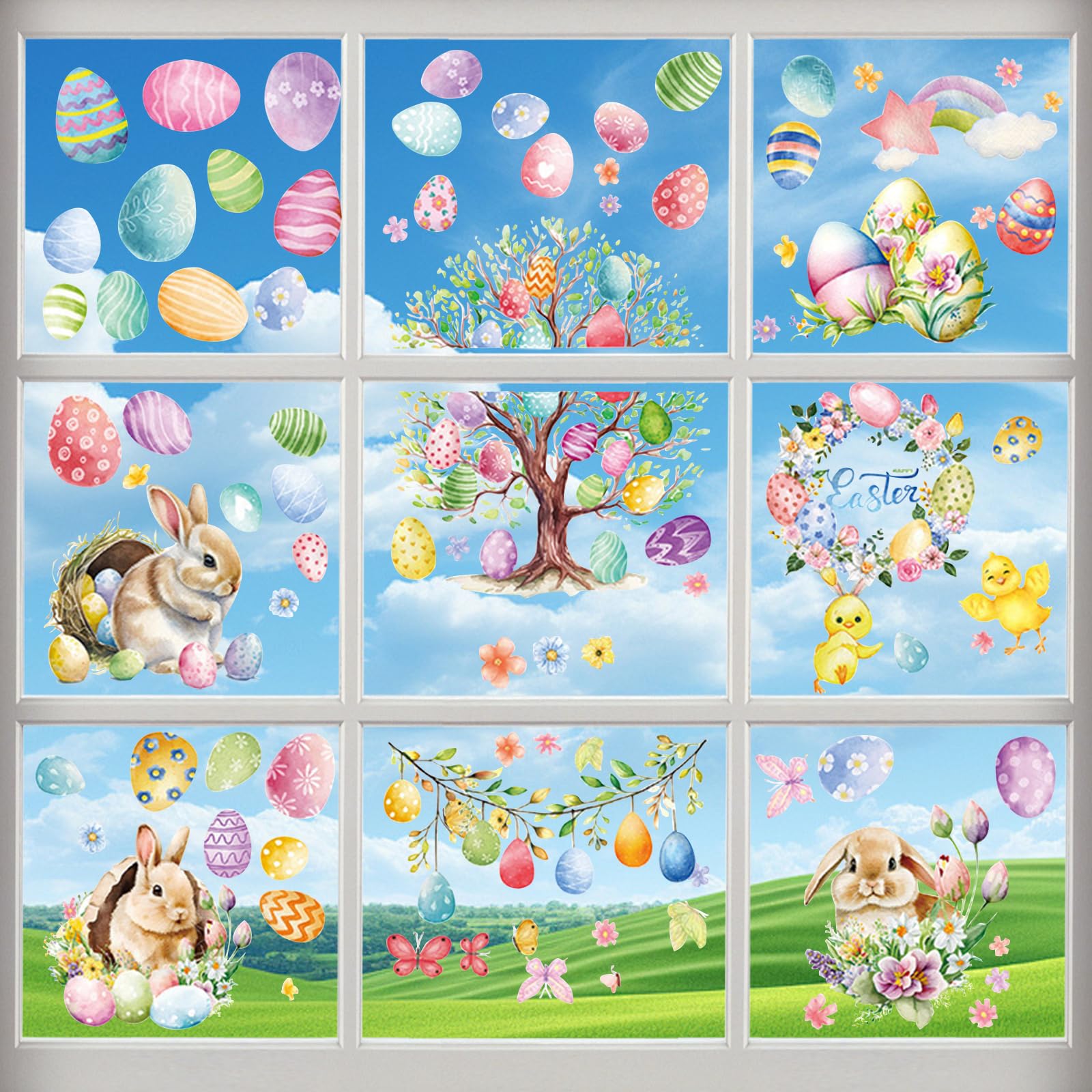 Pwsap 9 Fogli Adesivi Statici Per Finestre – Coniglietti, Uova E Fiori Per Pasqua, 30x20 Cm, Riutilizzabili