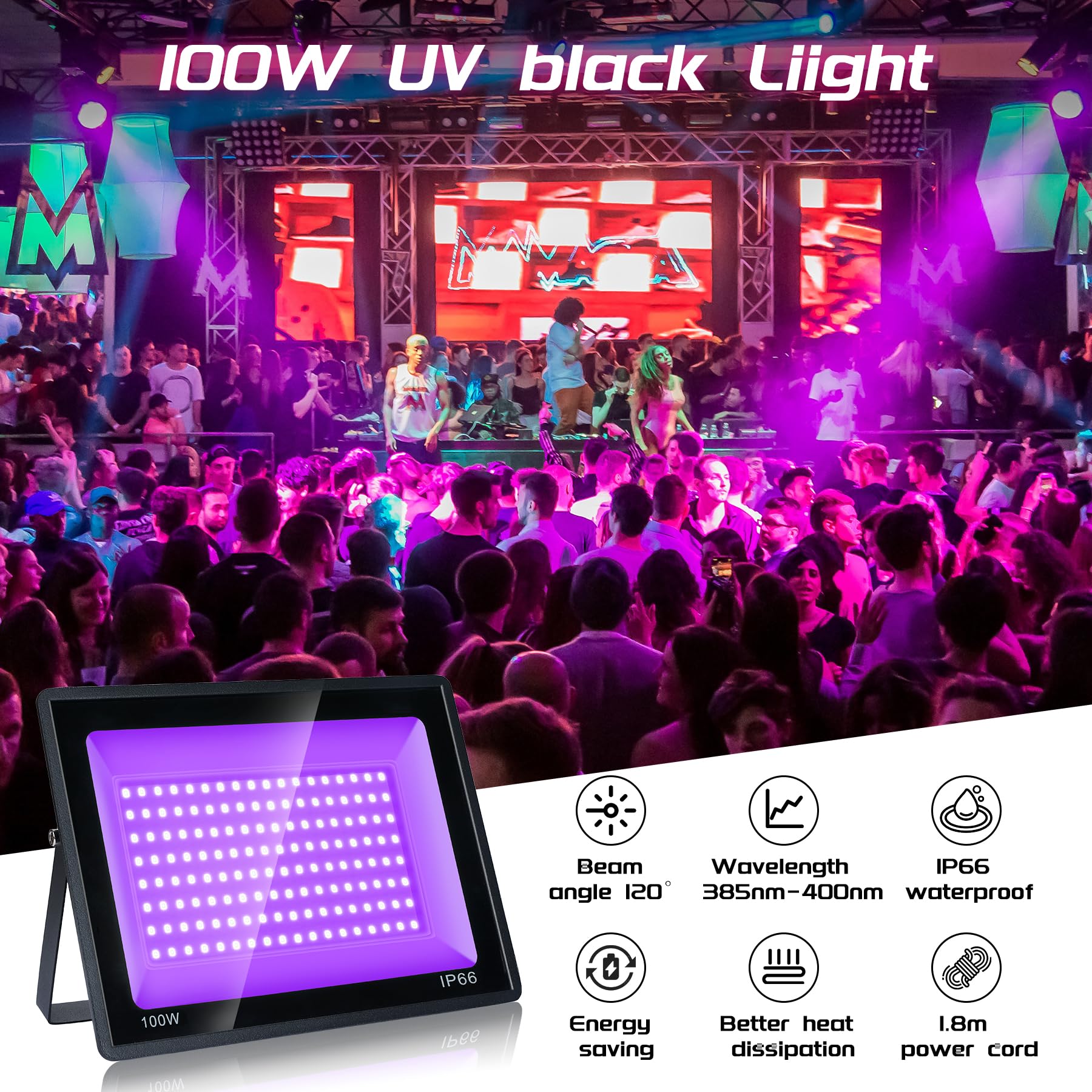 Projecteur Lumière Noire 100W, LED Lumières Noires Étanches IP66, Lumières UV Noires pour Fluo party, Disco DJ, Éclairage De Scène, Fête, Décoration D'Halloween, Peinture Corporelle