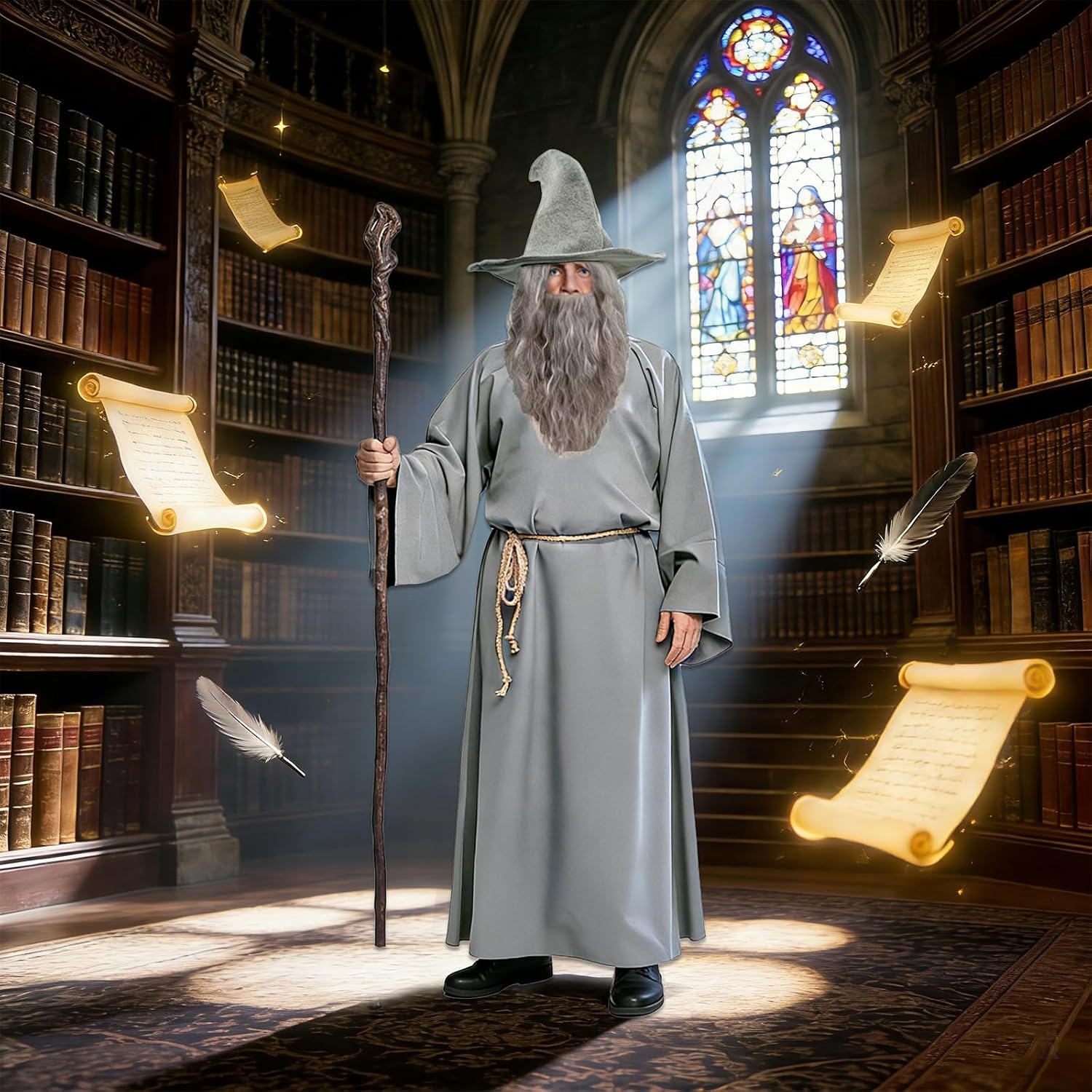 Adult Wizard Costume Set 5Pcs Gray Sorcerer Outfit with Wizards Hat, Belt, Wig & Beard Wizard costume for Halloween