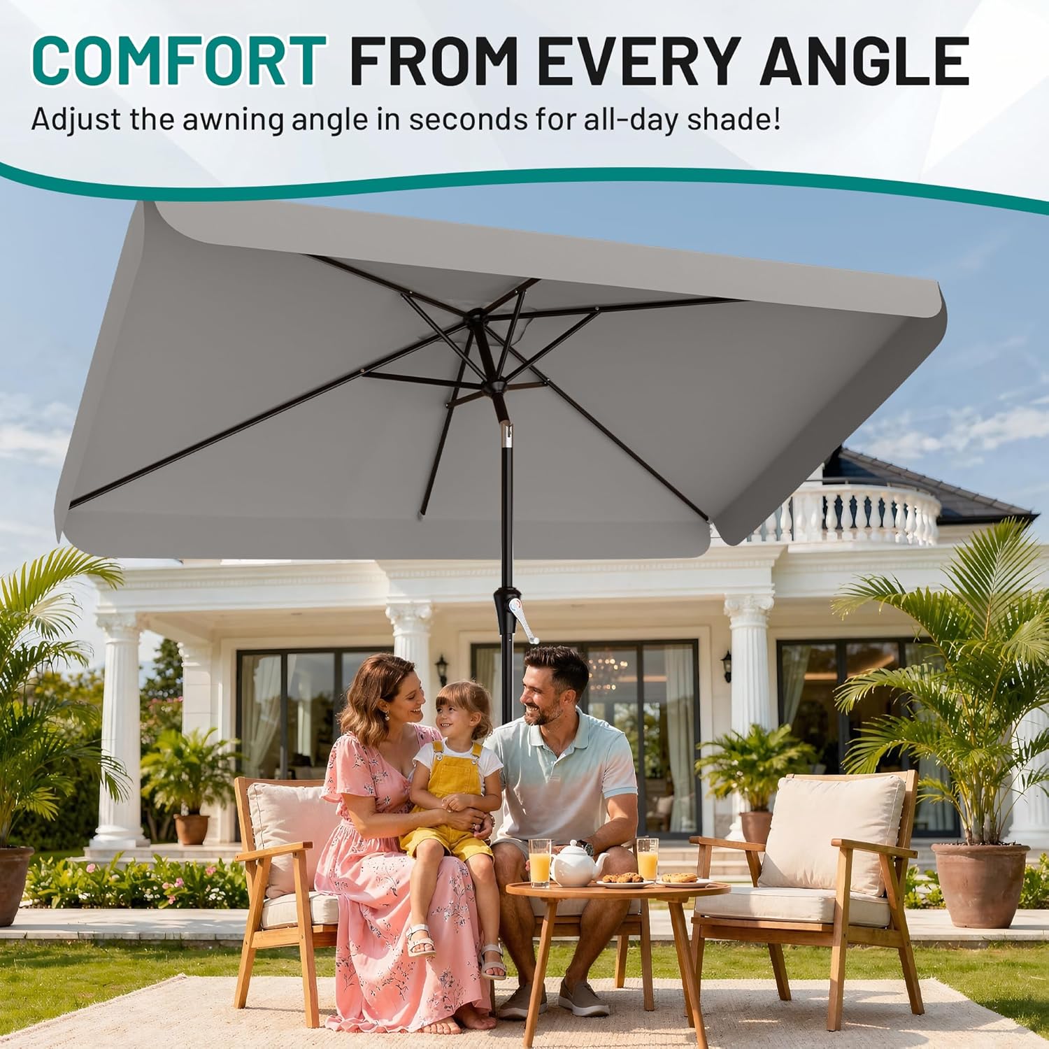AreShark 6.5 x 10 FT Rectangular Valance Patio Umbrella, Outdoor Umbrella with Tilt and Crank, Market Table Umbrellas W/ 6 Ribs UV Protection for Garden, Deck, Backyard and Pool, Foggy Gray