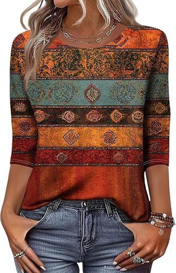 3/4 Length Sleeve Women Tops Crew Neck Blouses Dressy Casual Vintage Graphic Shirts Boho Business Work Clothes