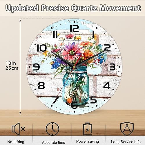 Miniatura 2 de Reloj de pared con flores de primavera de acuarela, vintage de madera, silencioso, sin tictac, que funciona con pilas con números arábigos, Acuarela