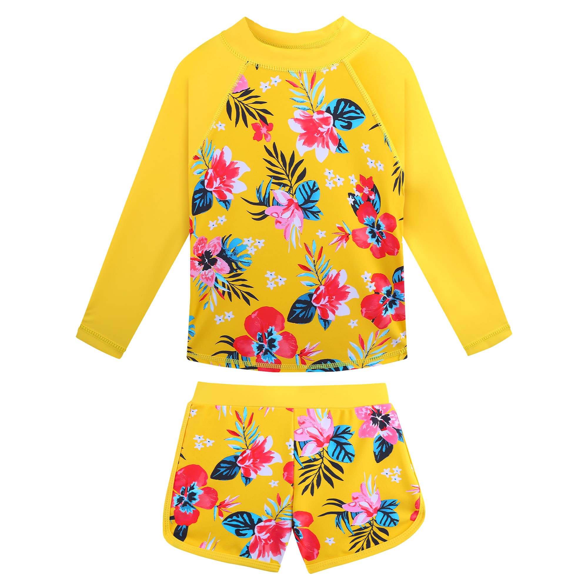 BAOHULU Girls 2 Pieces Rash Guard Swimsuit Long Sleeve Bathing Suit UPF 50+ Quick Dry Swimwear Size 3-14 Years S508_YellowFlower_8A