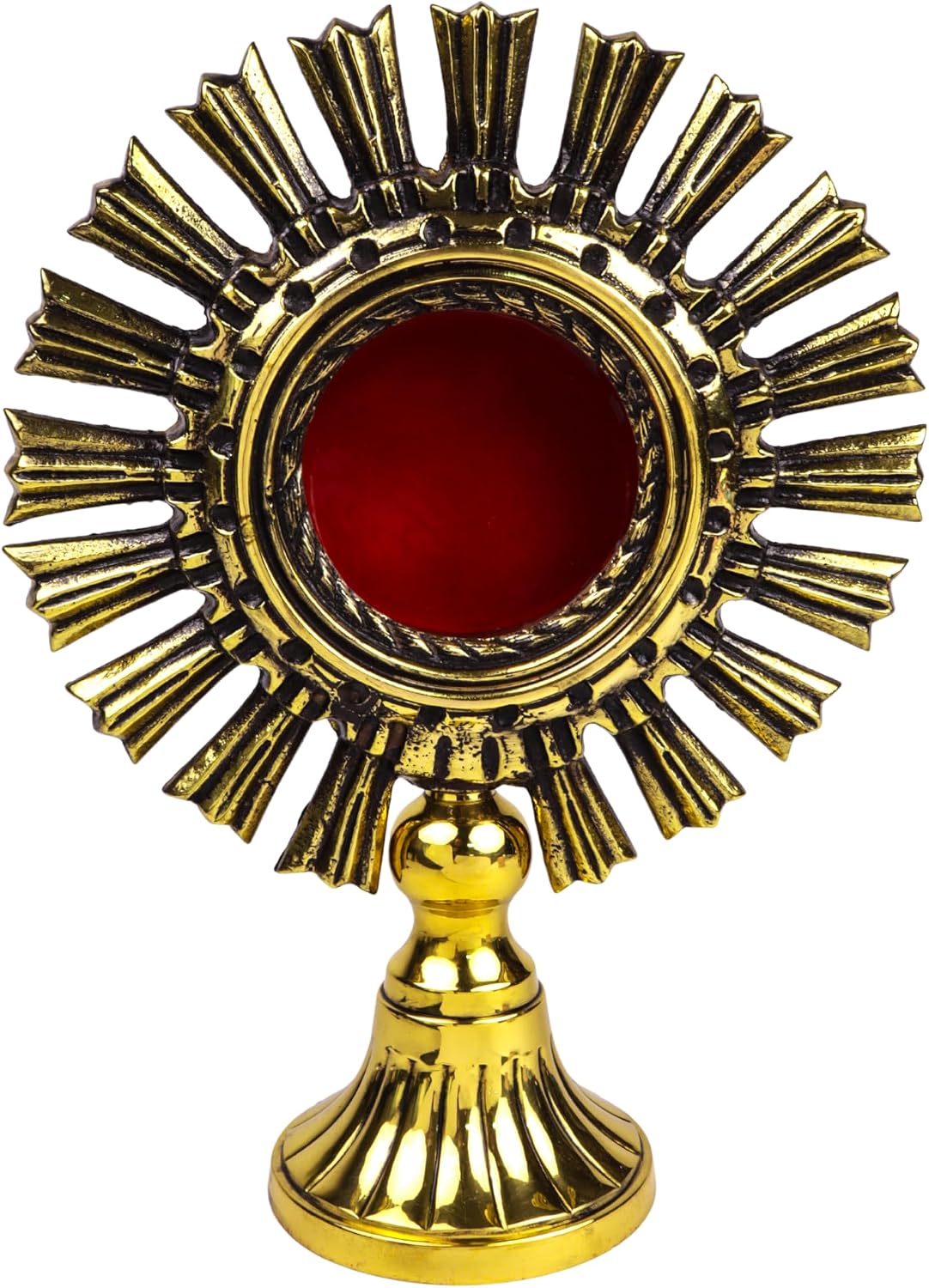 Needzo Brass Sunburst Monstrance, Red Velvet Lined Relic Holder, Catholic Standing Reliquary Display, 8 x 10.5 Inches