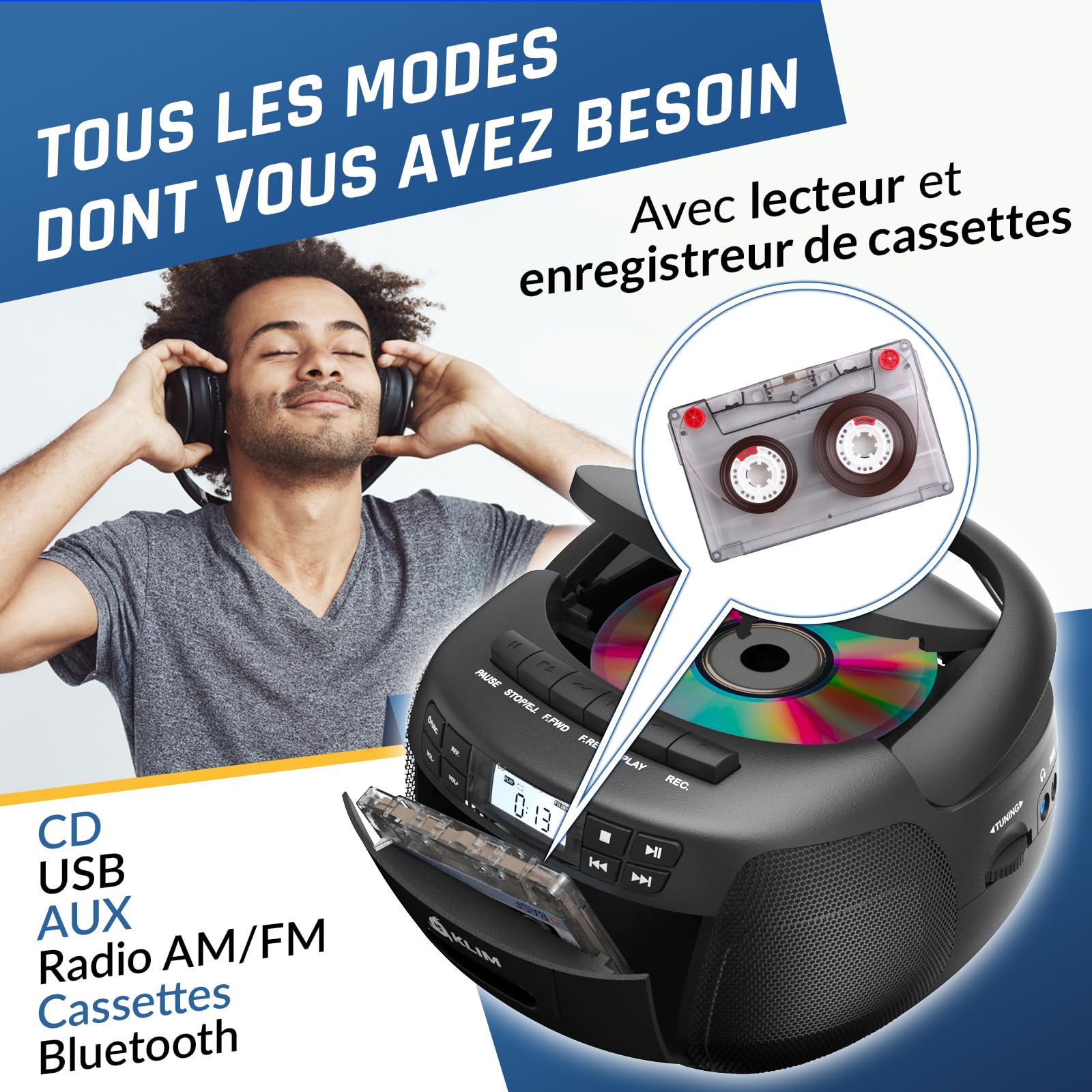 KLIM Lecteur CD Bluetooth Cassette Radio AM/FM Stéréo avec Télécommande Enregistrement USB AUX