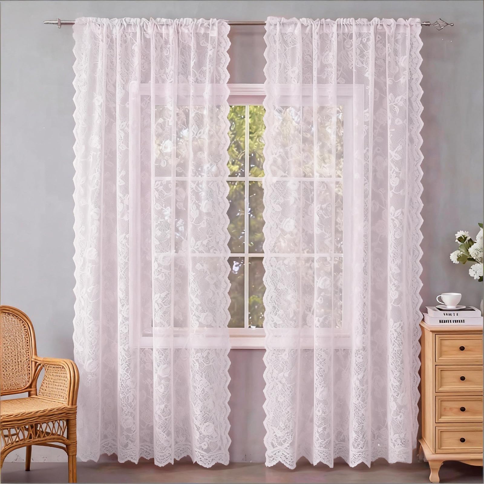 Französische Spitzenvorhang Durchlässig Spitzenvorhang 2 Stück Spitzengardinen Gardinen Vintage-Fensterbehandlung Ösenvorhang für Wohnzimmer Schlafzimmer 132x214CM Pink