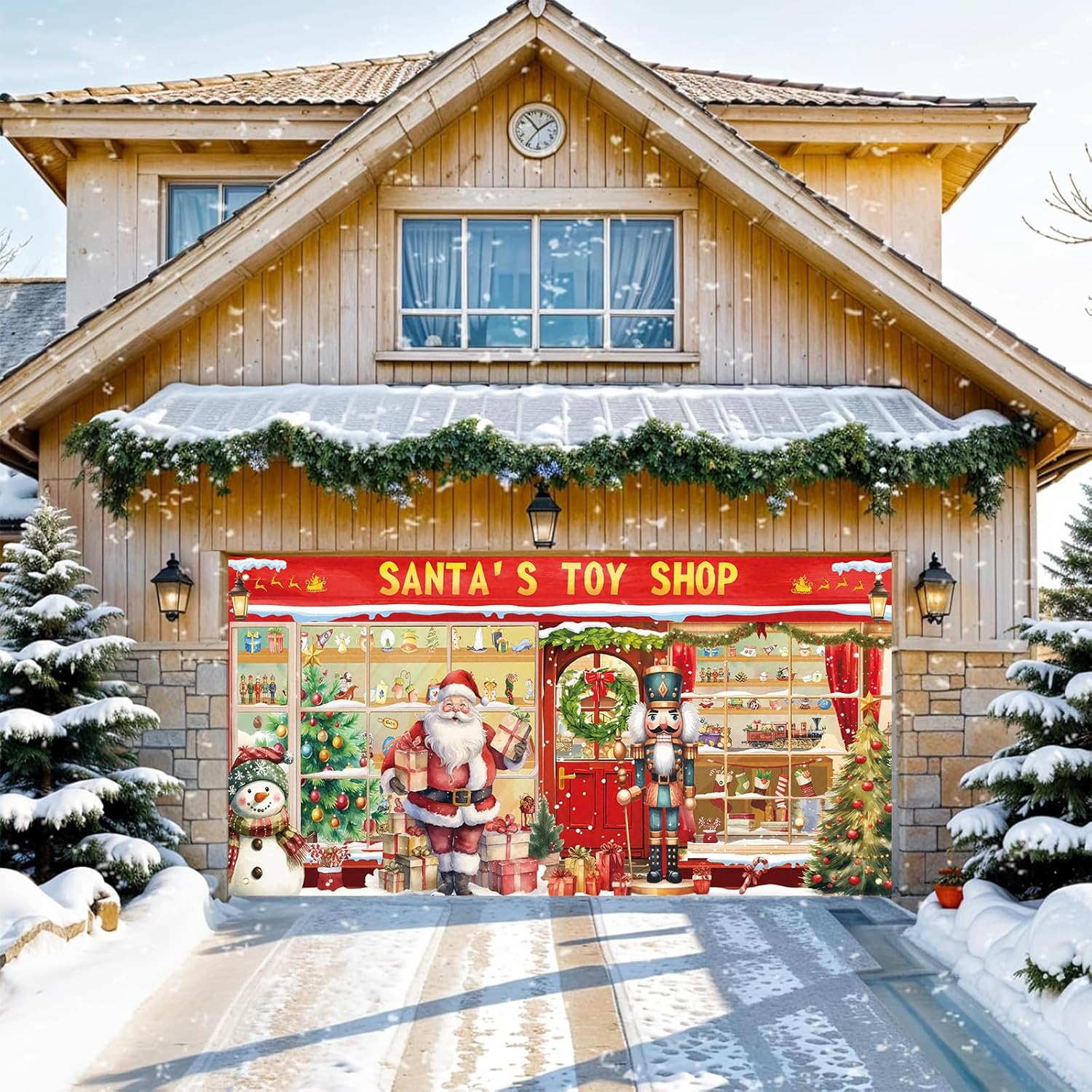 7 x 16 ft Christmas Garage Door Banner Decorations Santa's Toy Shop Garage Door Cover Large Christmas Santa Claus Shop Snowman Nutcracker Garage Door Backdrop for Xmas Winter Indoor Outdoor Decor