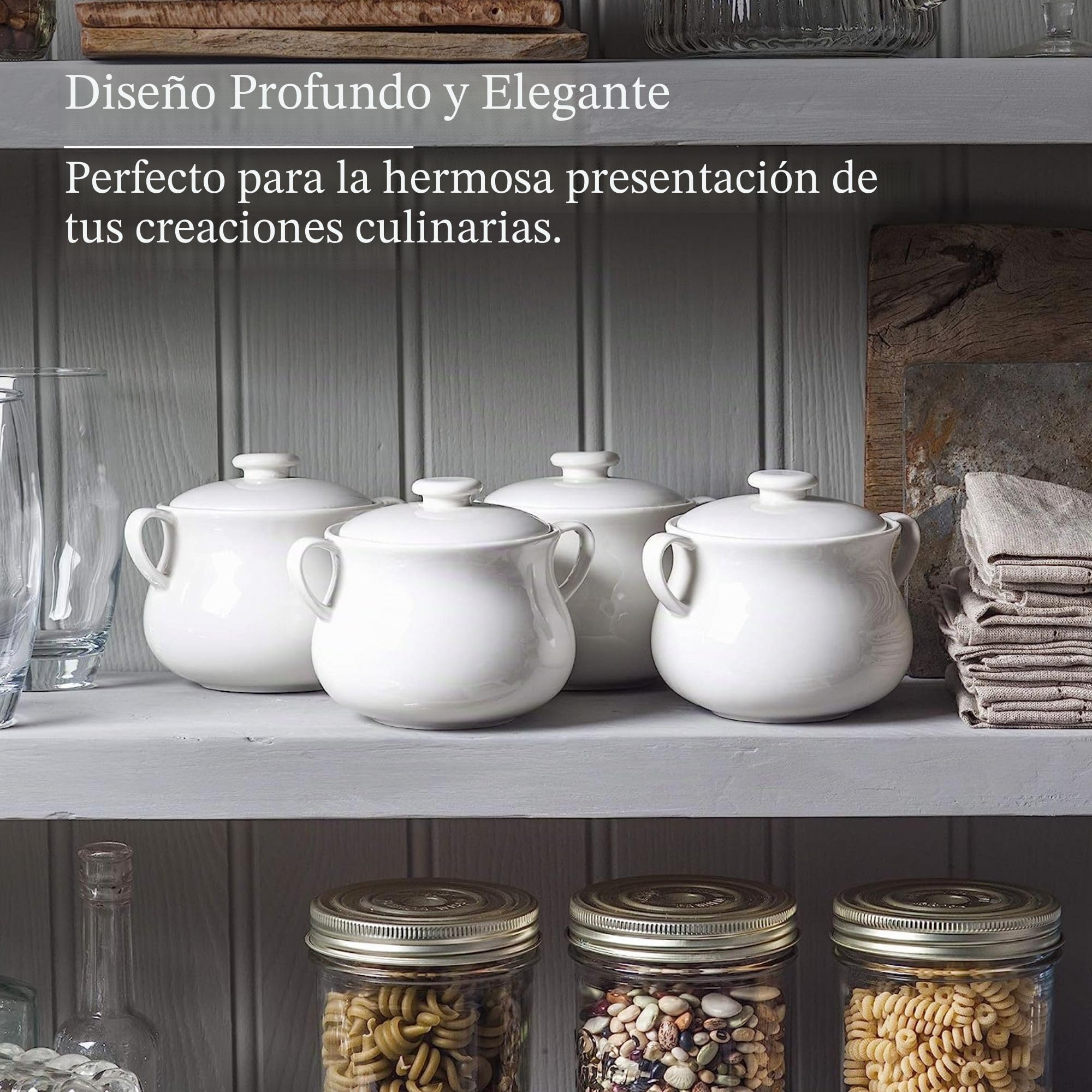 WM Bartleet & Sons 1750 TSET119 Juego de 4 Cuencos Individuales de Porcelana Tradicional con Tapa para Sopa y guiso de Cebolla Francesa con Asas, 500 ml, Color Blanco