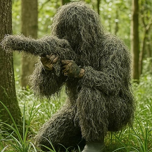 Miniatura 8 de Seeutek Traje Ghillie 6 en 1, ropa de caza de camuflaje 3D que incluye chaqueta, pantalones, capucha, bolsa de transporte y cintas de camuflaje