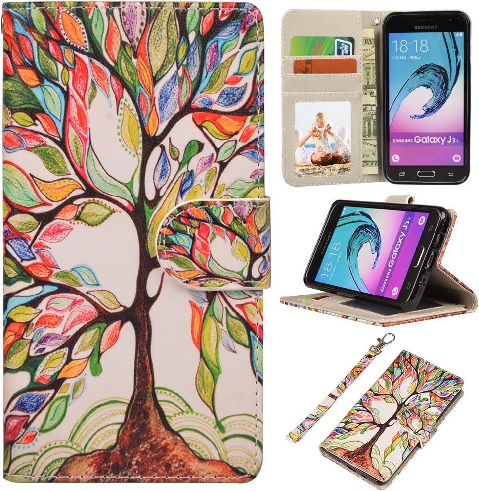 UrSpeedtekLive J3 2016 Case, Galaxy J3 V Case, Premium PU Leather Flip Wallet Case Cover with Card Slots and Stand for Samsung Galaxy J3 (2016), Tree