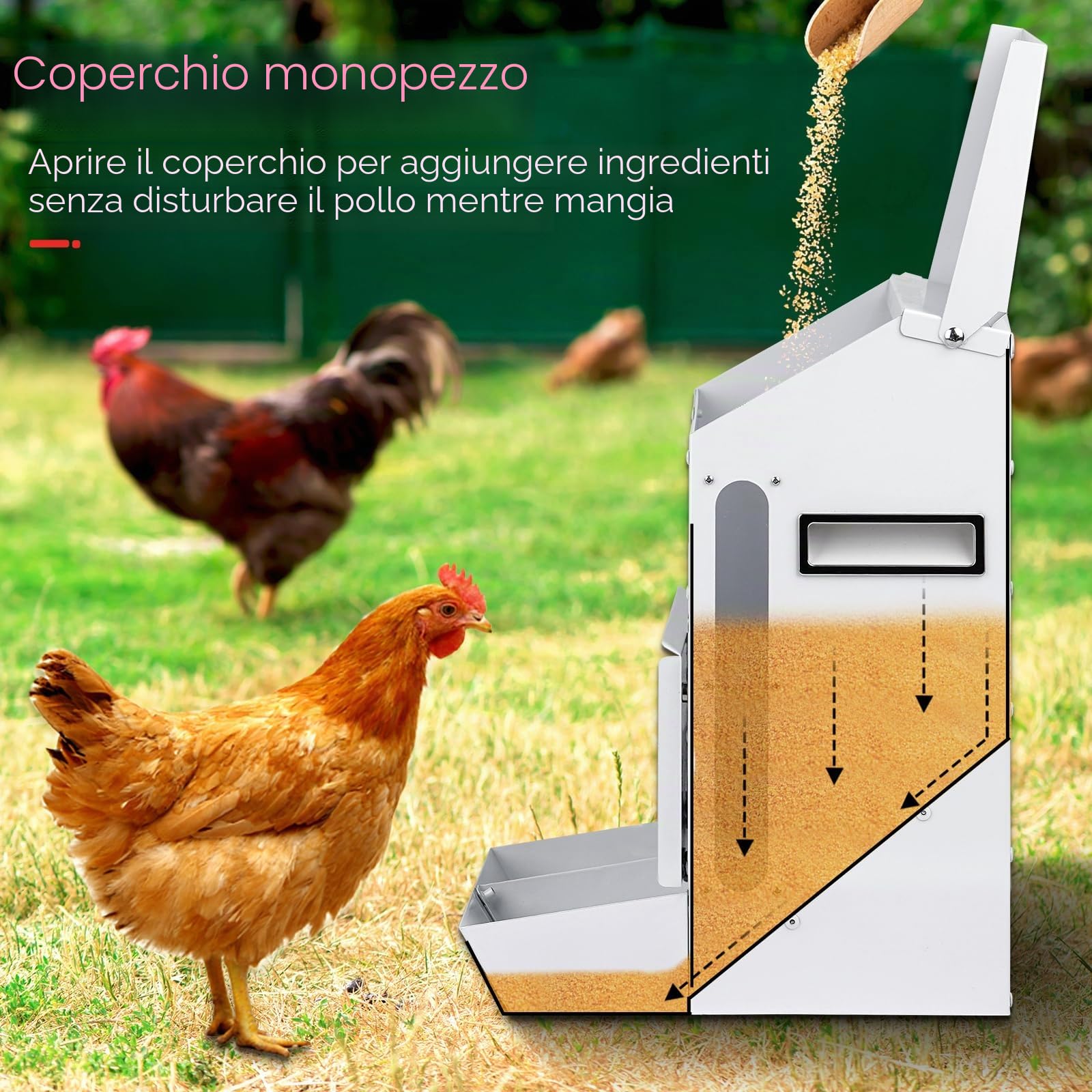 25LBS Mangiatoia Automatica Per Polli Mangiatoia Per Polli a Prova di Topo Con Coperchio dispenser Per Appendere Zincato All'Aperto Senza Sprechi Per Quaglie, Bantam, Anatre e Tacchino