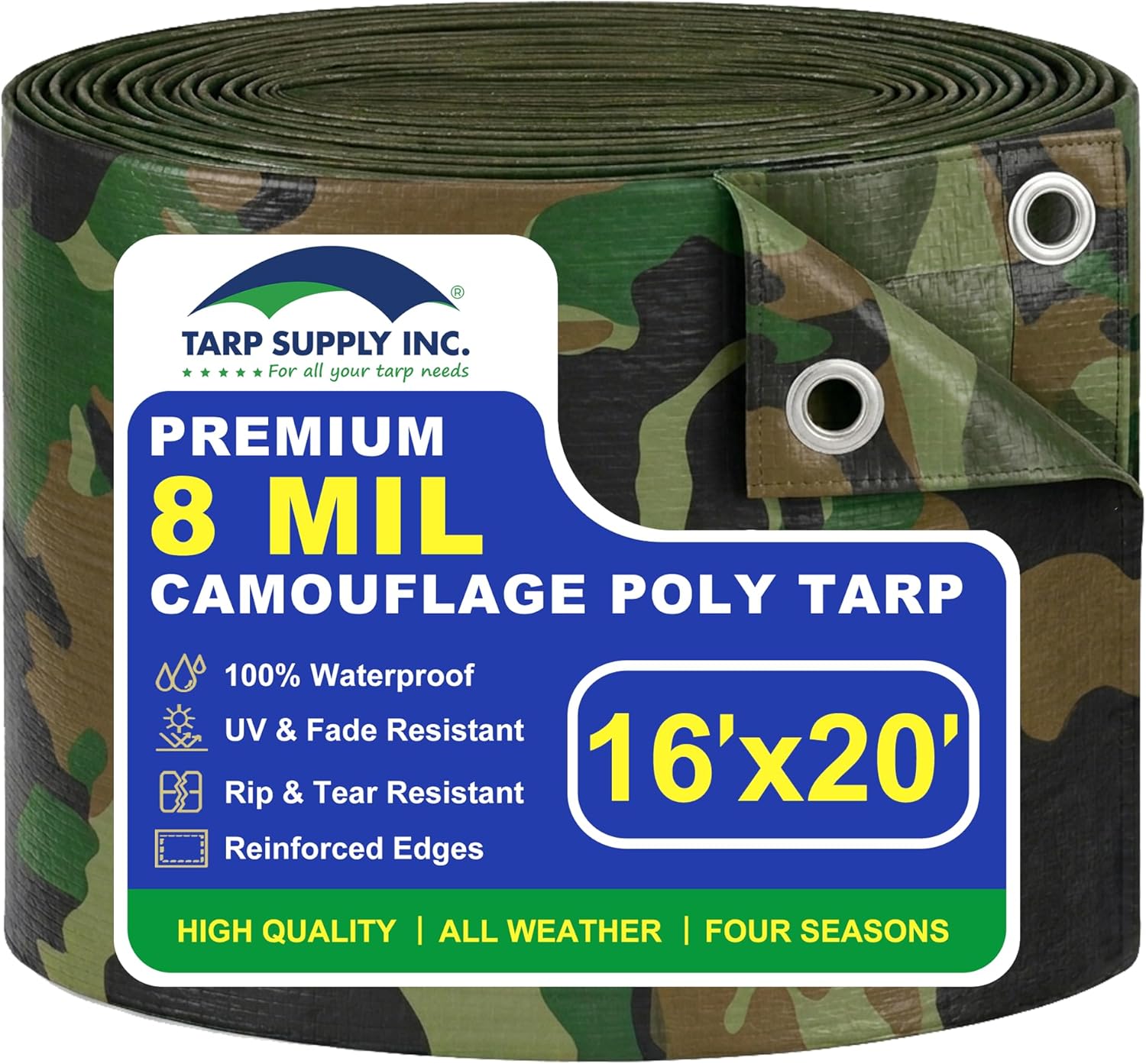 Tarp Supply Inc 16x20 Ft Camo Tarp - 8 MIL Thick Heavy Duty Waterproof Cover, UV Resistant 100% HDPE Poly Tarpaulin with Rustproof Grommets for Outdoor Equipment, Wood Pile & Hunting Blind