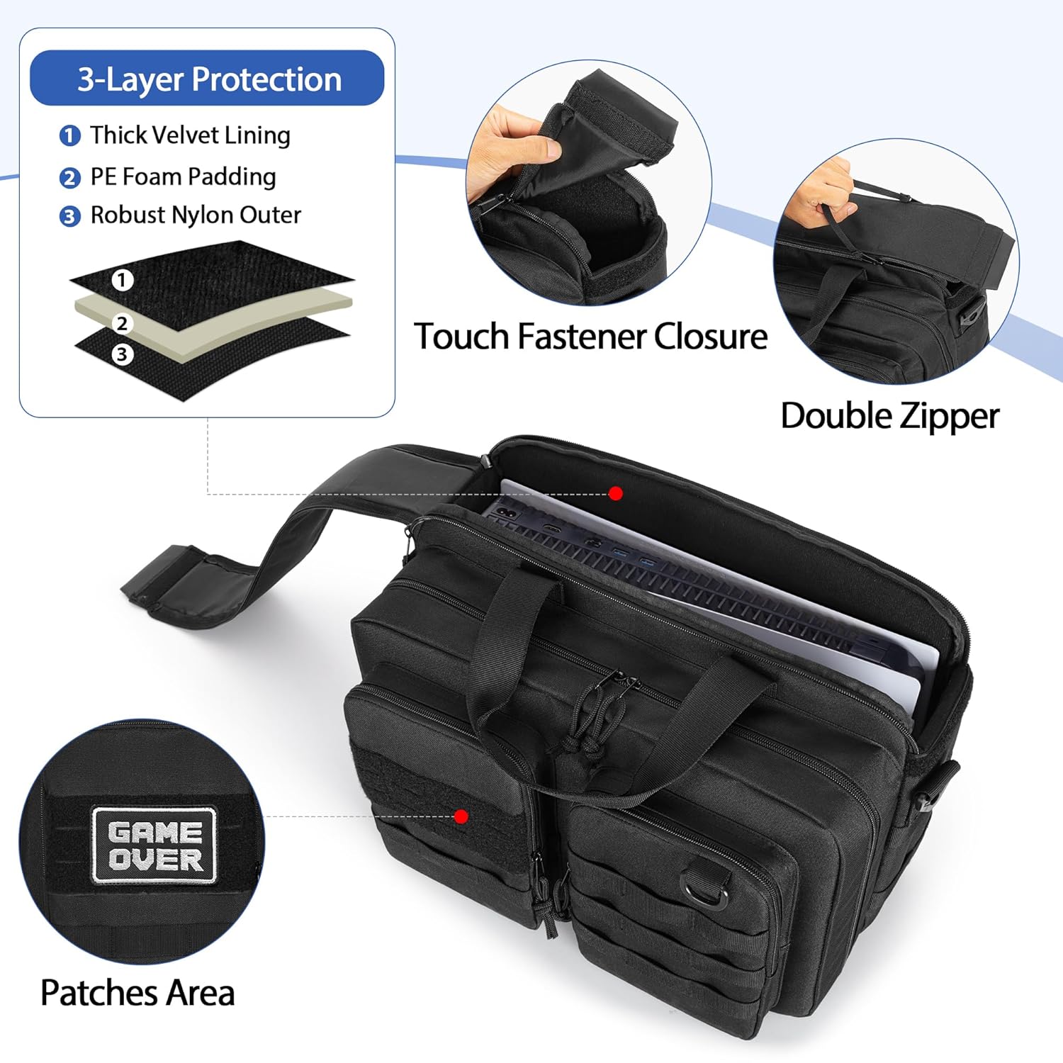 PGmoon Travel Carrying Case Compatible with PS5/PS5 Slim/PS5 Pro Console, Protective Storage Bag for 15.6” Laptop, Controllers, Game Discs and More Accessories (Patent Design) - Image 2