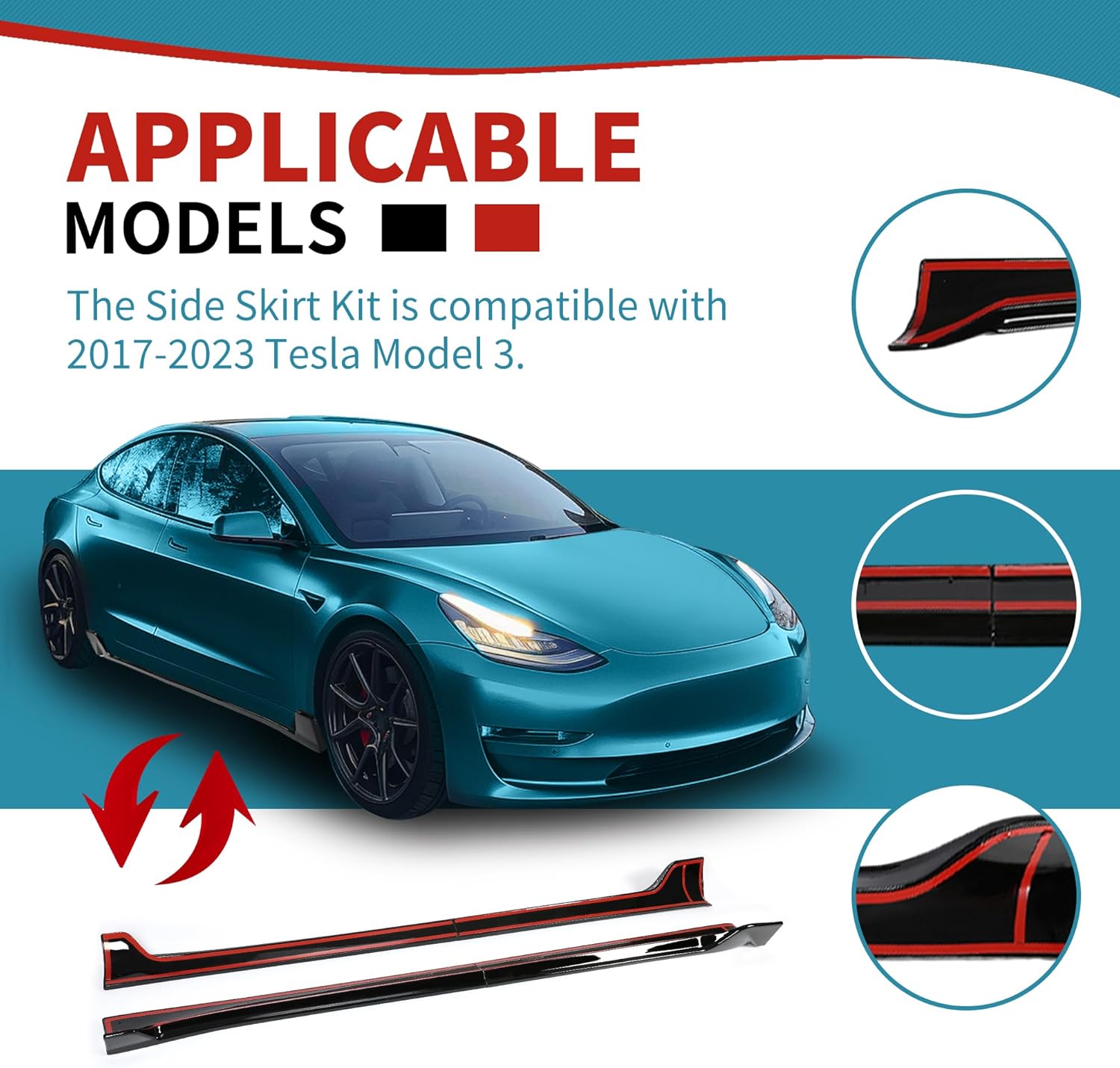 Kojem Side Skirt Extension Replacement 4Pcs Compatible with Tesla Model 3 2017-2023 Rocker Panels Guard Body Kit Black ABS Plastic Painted Side Trim