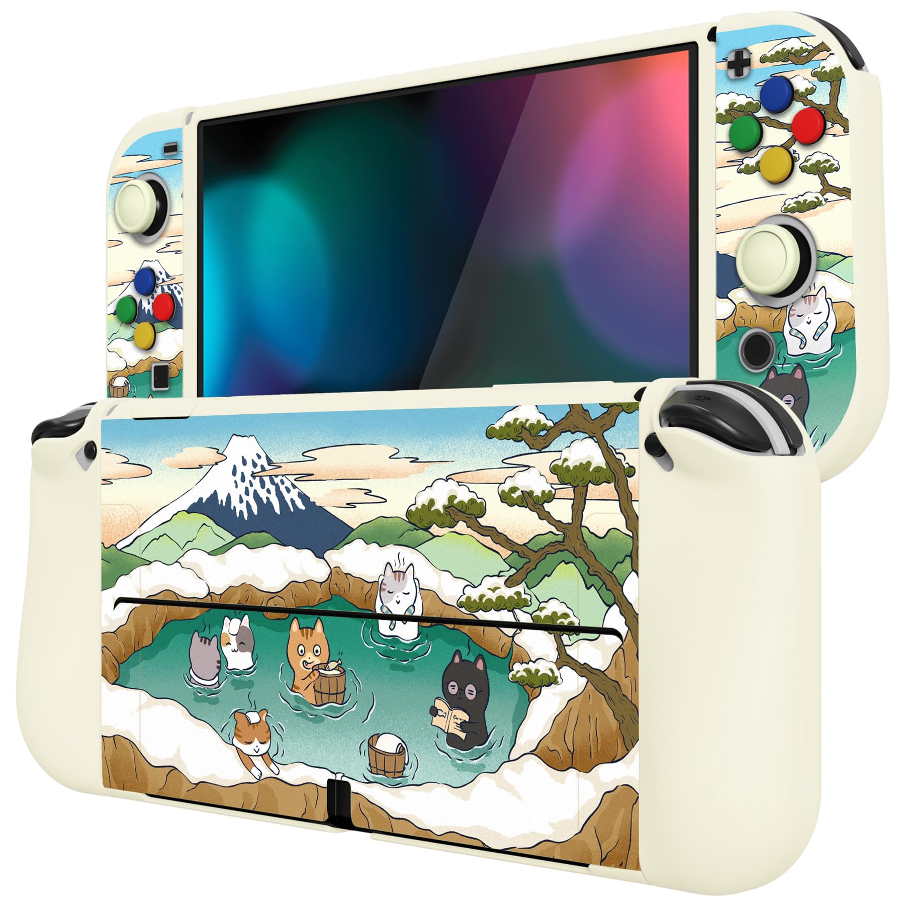 playvital ZealProtect Soft Protective Case for Nintendo Switch OLED, Flexible Protector Joycon Grip Cover for Switch OLED with Thumb Grip Caps & ABXY Direction Button Caps - Hot Spring Kitties — view 6