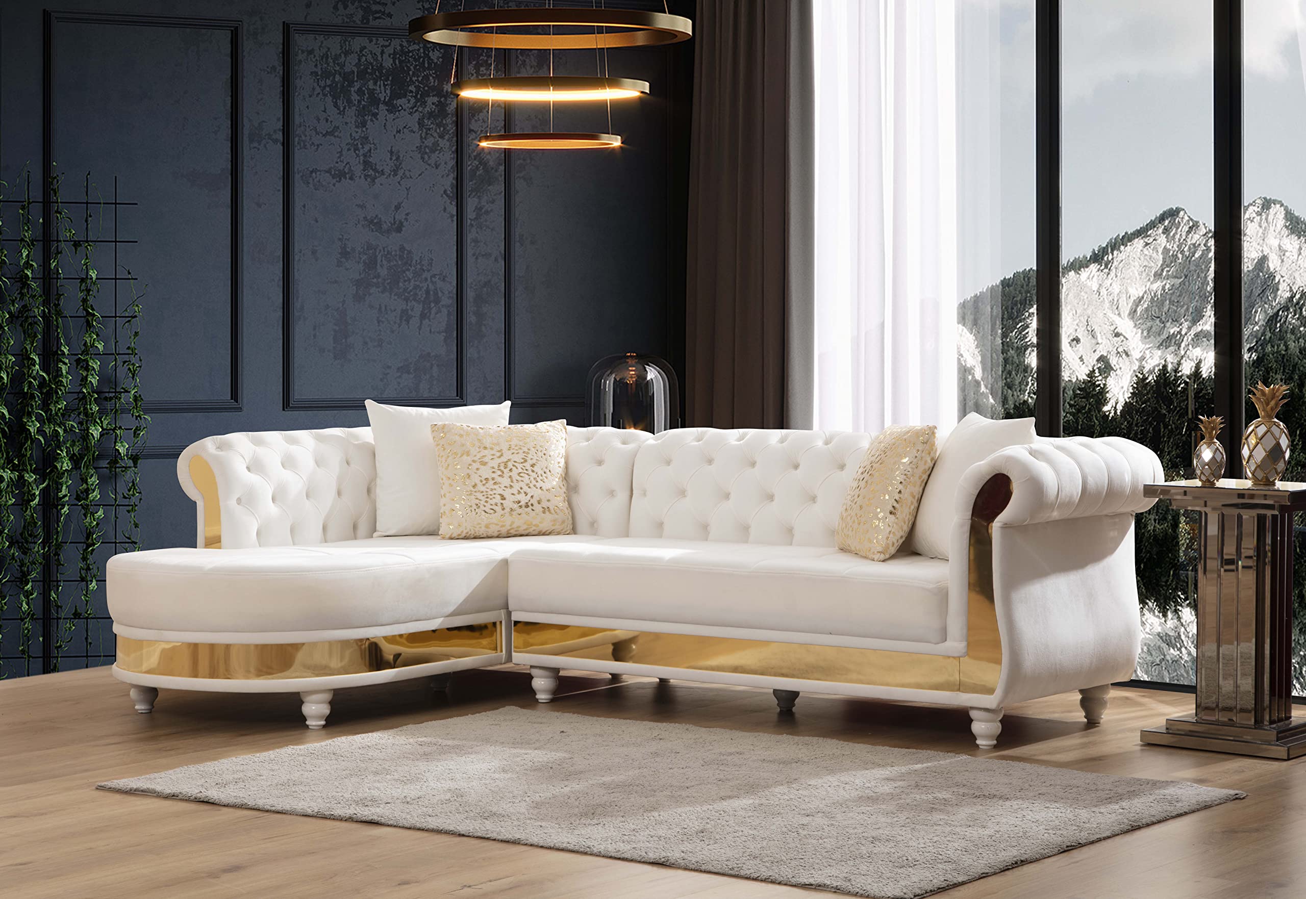 Kaimei Beige Velvet L-Shaped Sectional Sofa with Gold Trim, Tufted Back, and Wooden Legs - Living Room Furniture Set