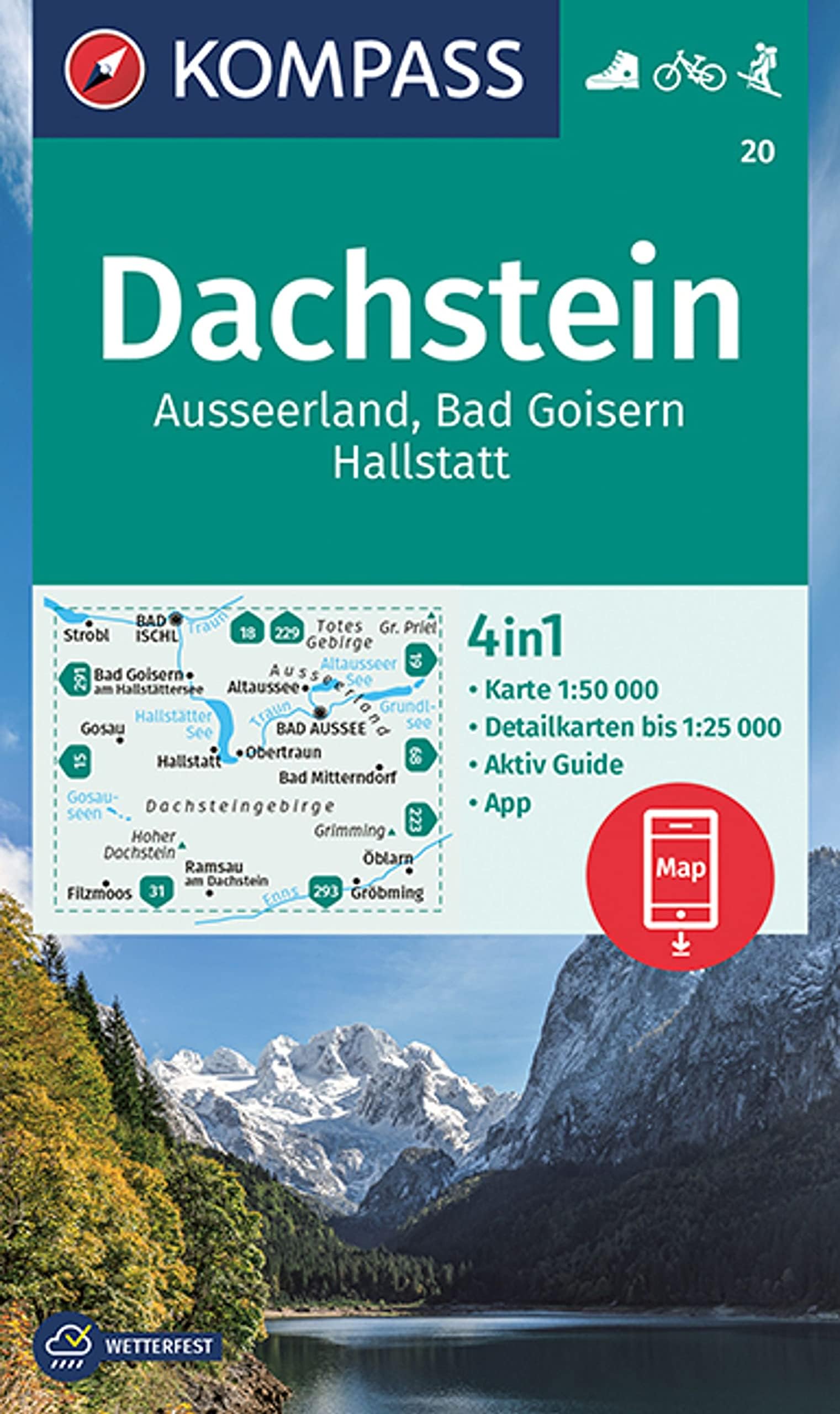 Dachstein, Ausseerland, Bad Goisern, Hallstatt + Aktiv Guide (20): 4in1 Wanderkarte mit Aktiv Guide und Detailkarten inklusive Karte zur offline ... in der KOMPASS-App. Fahrradfahren. Skitouren.